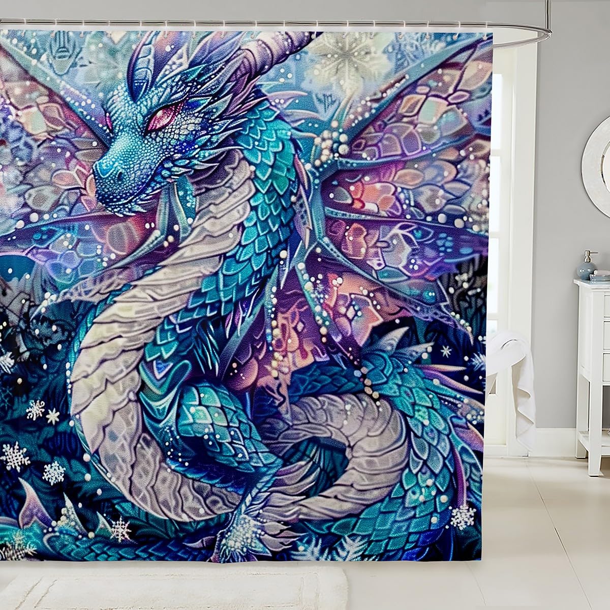 Rideau de douche dragon bleu Manfei 183x198 cm pour salle de bain enfant
