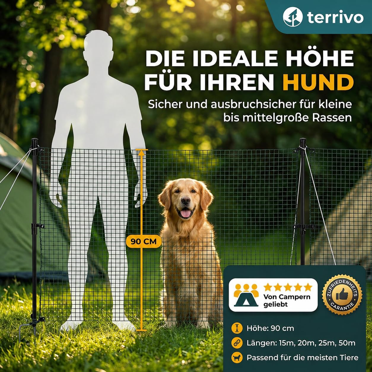 Mobiler Hundezaun 20m - Weidezaun ohne Strom - Campingzaun, Begrenzungszaun, Gartenzaun, Hühnerzaun, Schafzaun 90cm hoch mit Zubehör (20m)