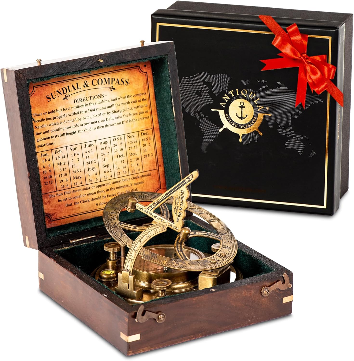 5 inch Large Sundial Compass with Wooden Rosewood Box, Perfectly Calibrated Steampunk Antique Brass Sundial Clock with Chart for Guidance, Ideal Nautical & Vintage Gift for Men