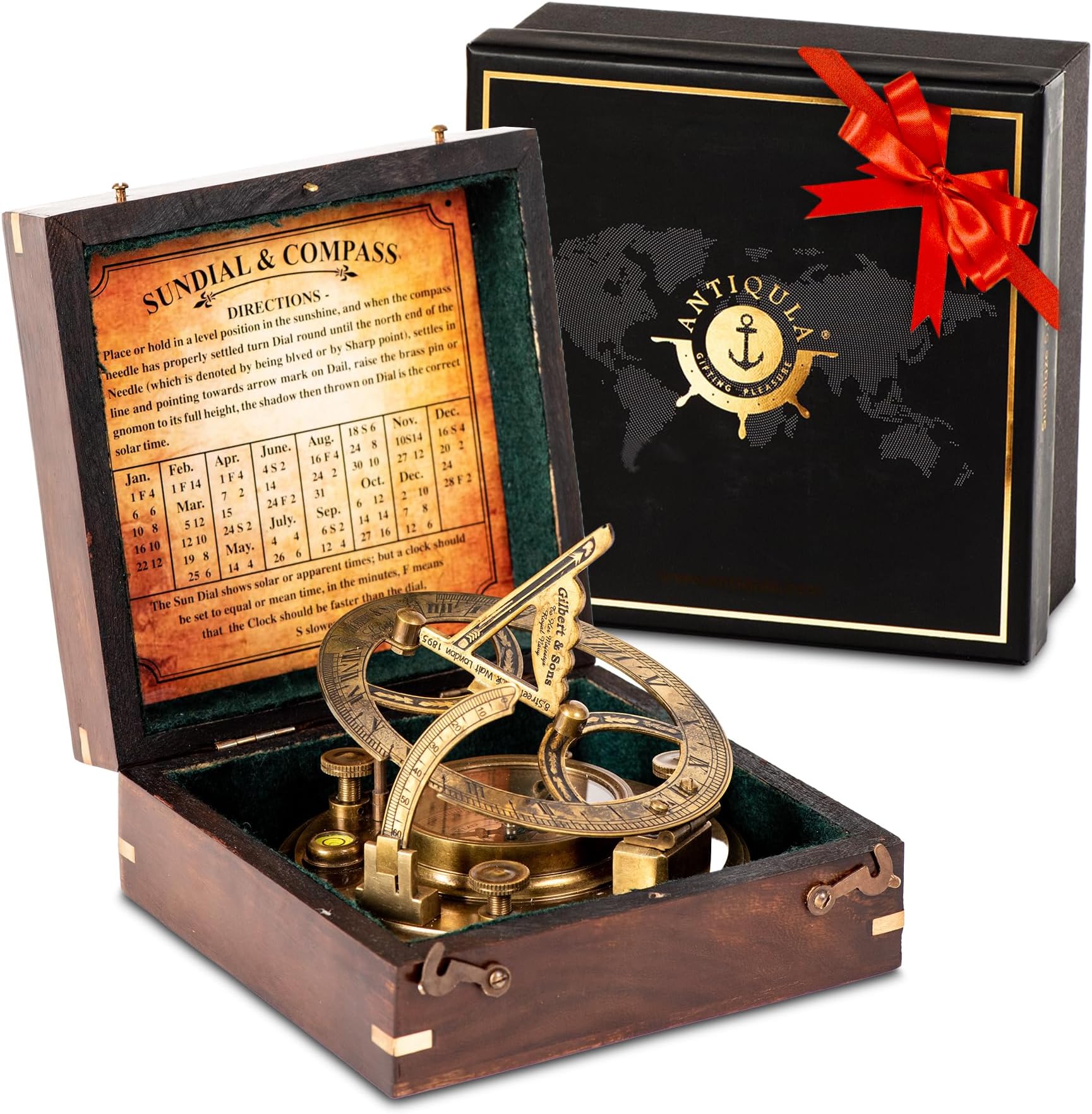 5 inch Large Sundial Compass with Wooden Rosewood Box, Perfectly Calibrated Steampunk Antique Brass Sundial Clock with Chart for Guidance, Ideal Nautical & Vintage Gift for Men