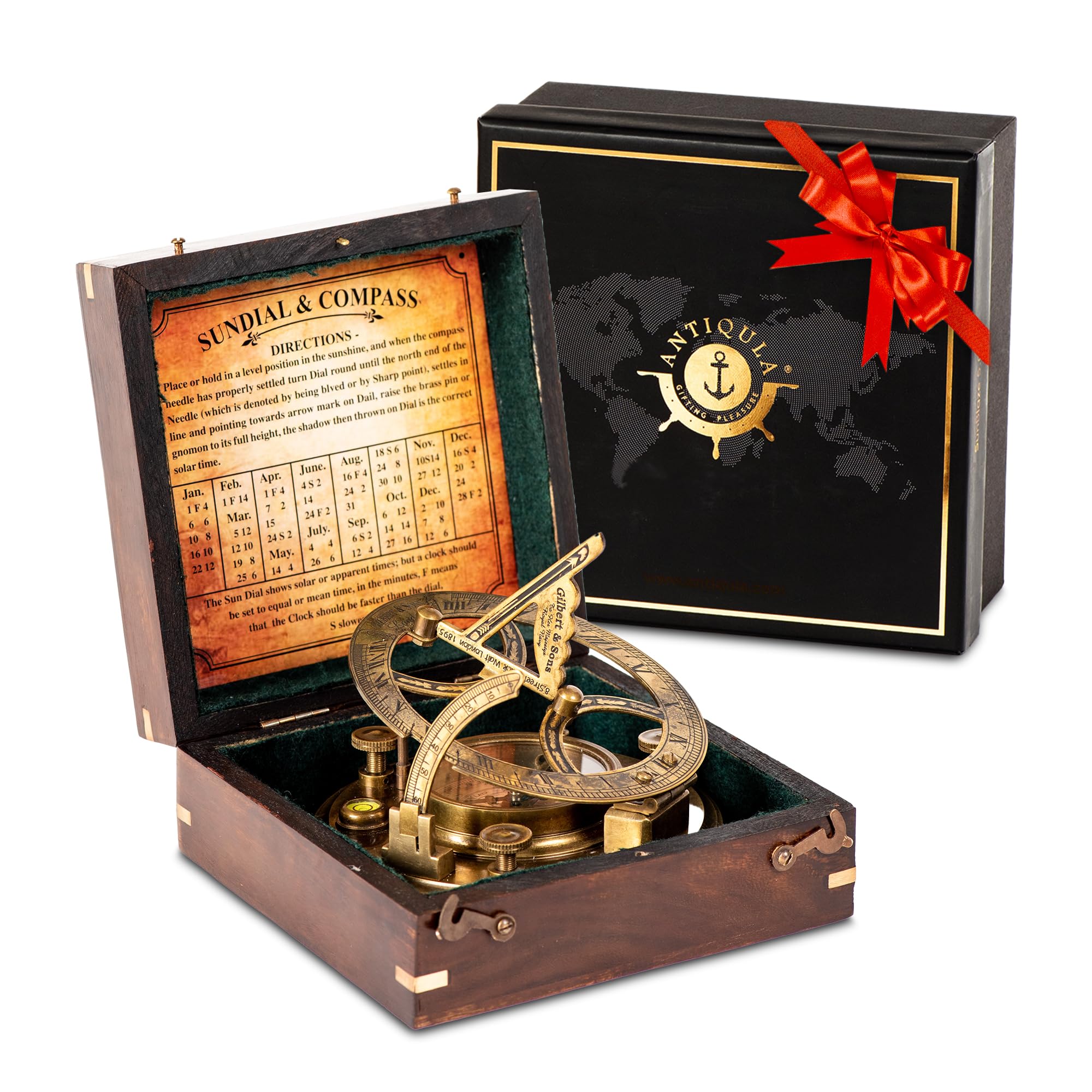 5 inch Large Sundial Compass with Wooden Rosewood Box, Perfectly Calibrated Steampunk Antique Brass Sundial Clock with Chart for Guidance, Ideal Nautical & Vintage Gift for Men