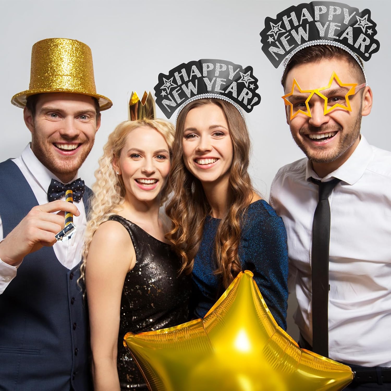 Lenwen 200 Pcs New Years Eve Party Supplies 2026 for 50 Guests Happy New Years Decorations Party Favors Includes 50 Headband 150 Noise Makers Accessories for Adults Decorations 2026(Black)
