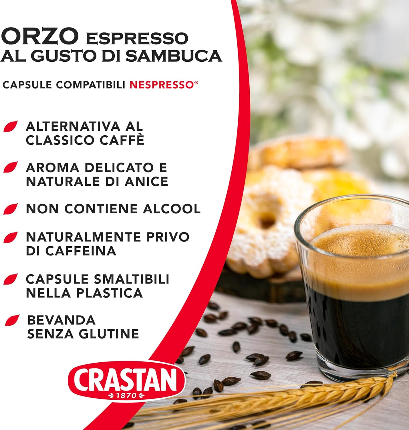 CRASTAN 1870, 15 Capsule, 1 Box da 15 Capsule di Orzo Espresso al Gusto Sambuca, Capsule Compatibili con Sistema Nespresso, Bevanda Senza Glutine, 100% Made in Italy Orzo alla Sambuca 15 unità (Confezione da 1) - Immagine 2