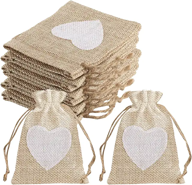 20 Sacs en Jute Cordon de Serrage Cœur 10x8cm - Idéal Cadeaux Mariage Anniversaire