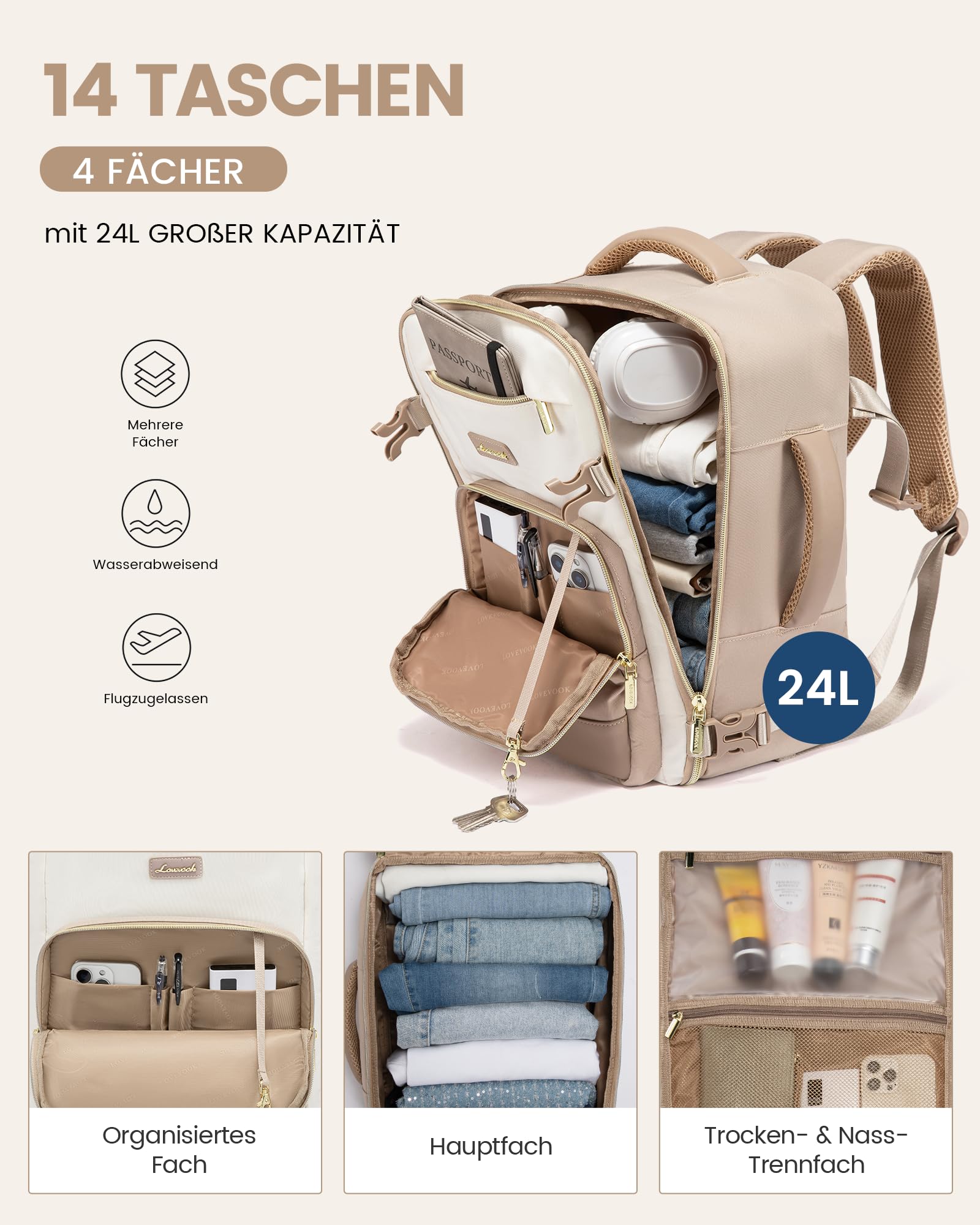 LOVEVOOK Ryanair Handgepäck 40x30x20, 24L Reiserucksack Damen, Handgepäck Rucksack Ryanair, Rucksack Damen, Reiserucksack Cabin Bag, Eurowings, Wizz Air, Urlaub Must Haves - Khaki Beige