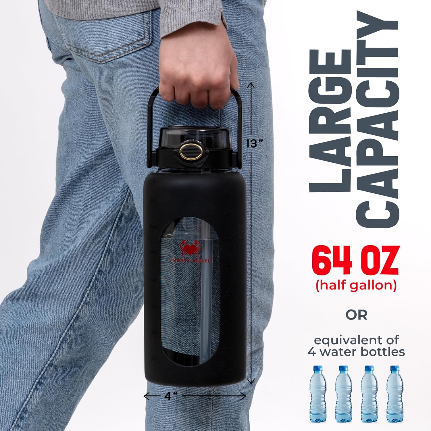 64 Oz Water Bottle with Time Marker & Straw - Black Pregnancy 2 Liter Glass Water Bottles with Measurements - Daily intake bottle - Leakproof Borosilicate jug - Image 6