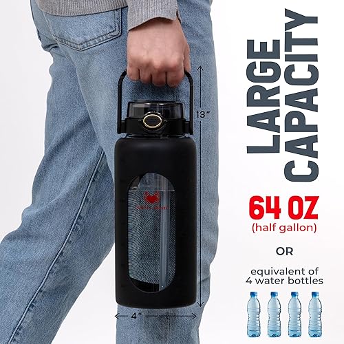 Miniatura 5 de Botellas de agua de vidrio a prueba de fugas de 64 oz - Botella de agua de vidrio grande de borosilicato con popote y marcadores de tiempo - Botella