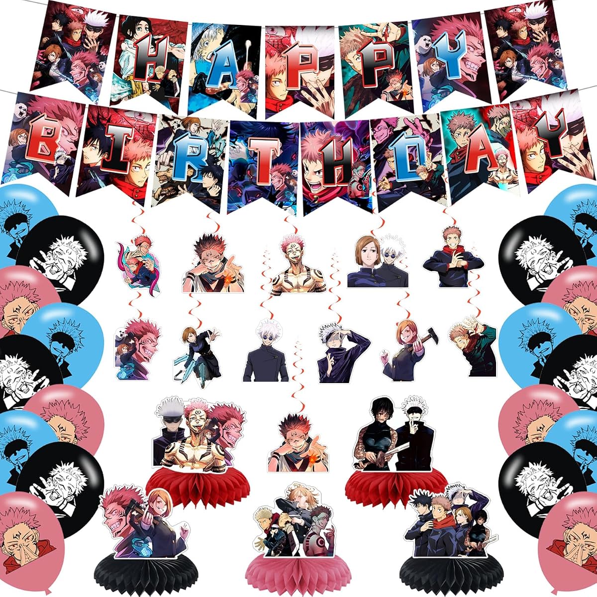 Jujutsu Manga Kaisen Suministros para fiestas, decoraciones de fiesta de cumpleaños para Kaisen para fanáticos con pancarta de feliz cumpleaños, remolinos, globos, centros de mesa para decoraciones de fiesta de cumpleaños temáticas de anime