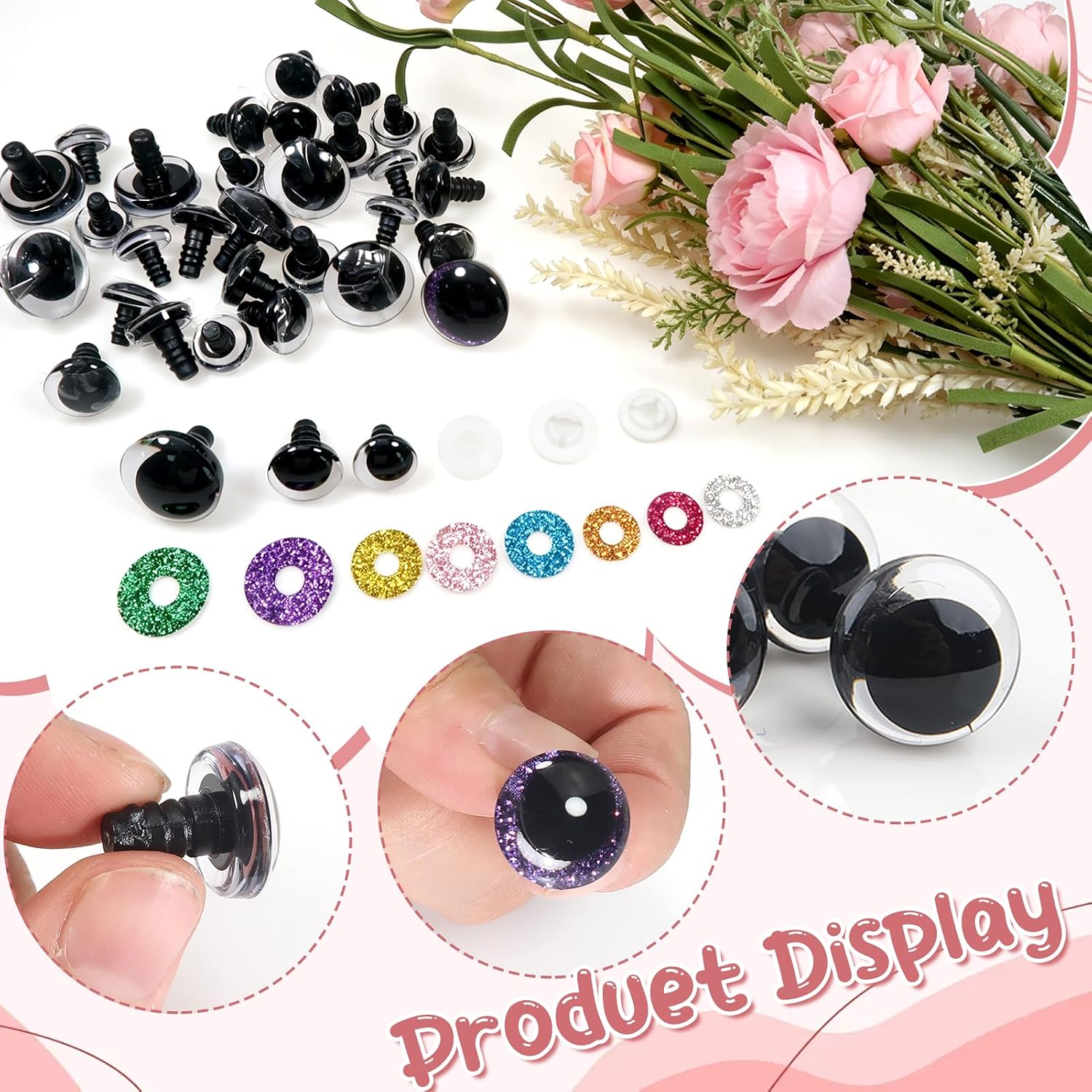 TOAOB 48 Set Safety Eyes Glitter Plastic for Amigurumis 16mm 18mm 25mm Round Craft Crochet Eyes with Washers 8 Colors for DIY Puppet Stuffed Animals Making