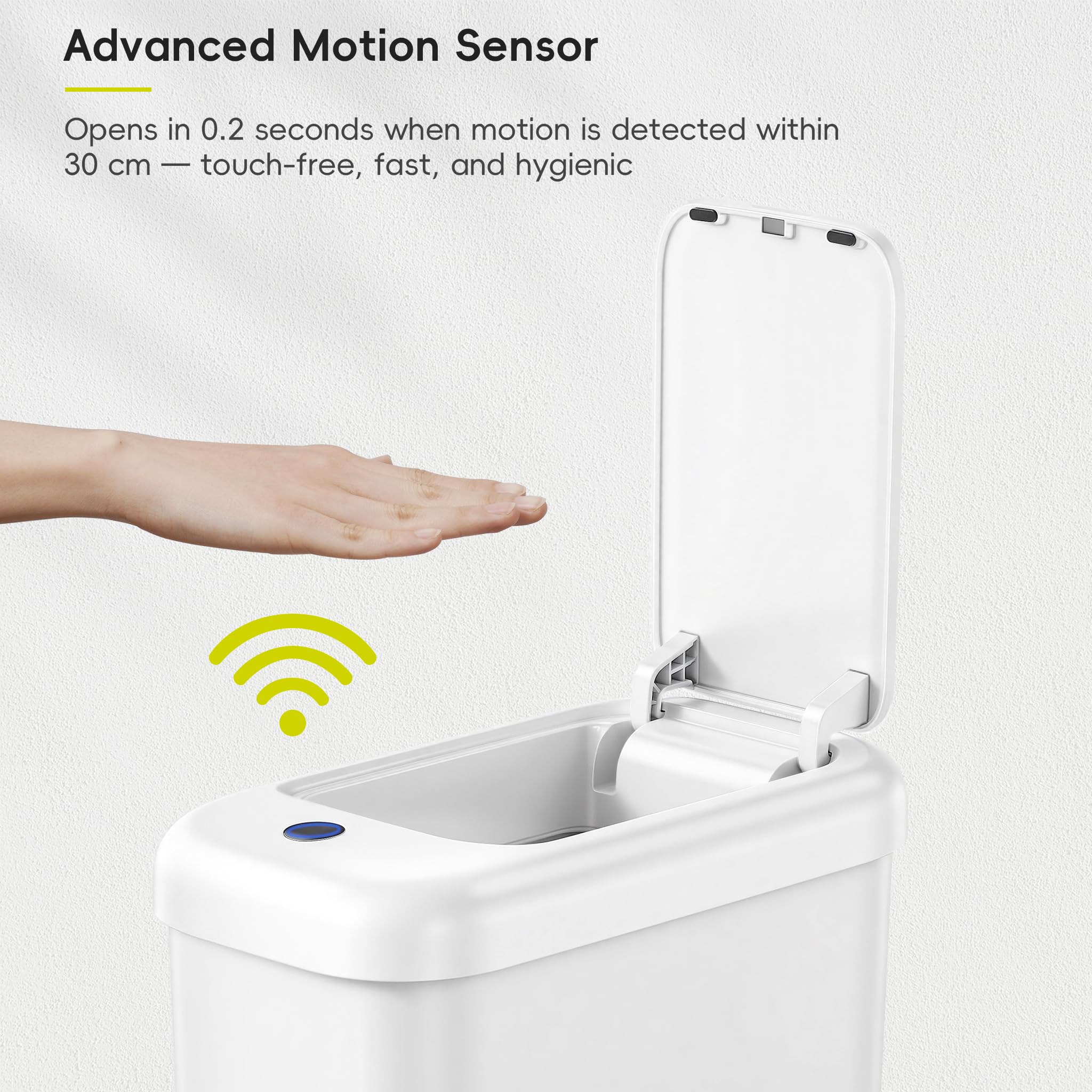 EKO Bote de basura automático para baño con tapa, cubo de basura delgado sin contacto de 2.6 galones, contenedor de basura impermeable con sensor de movimiento para baño, oficina, cocina, color blanco