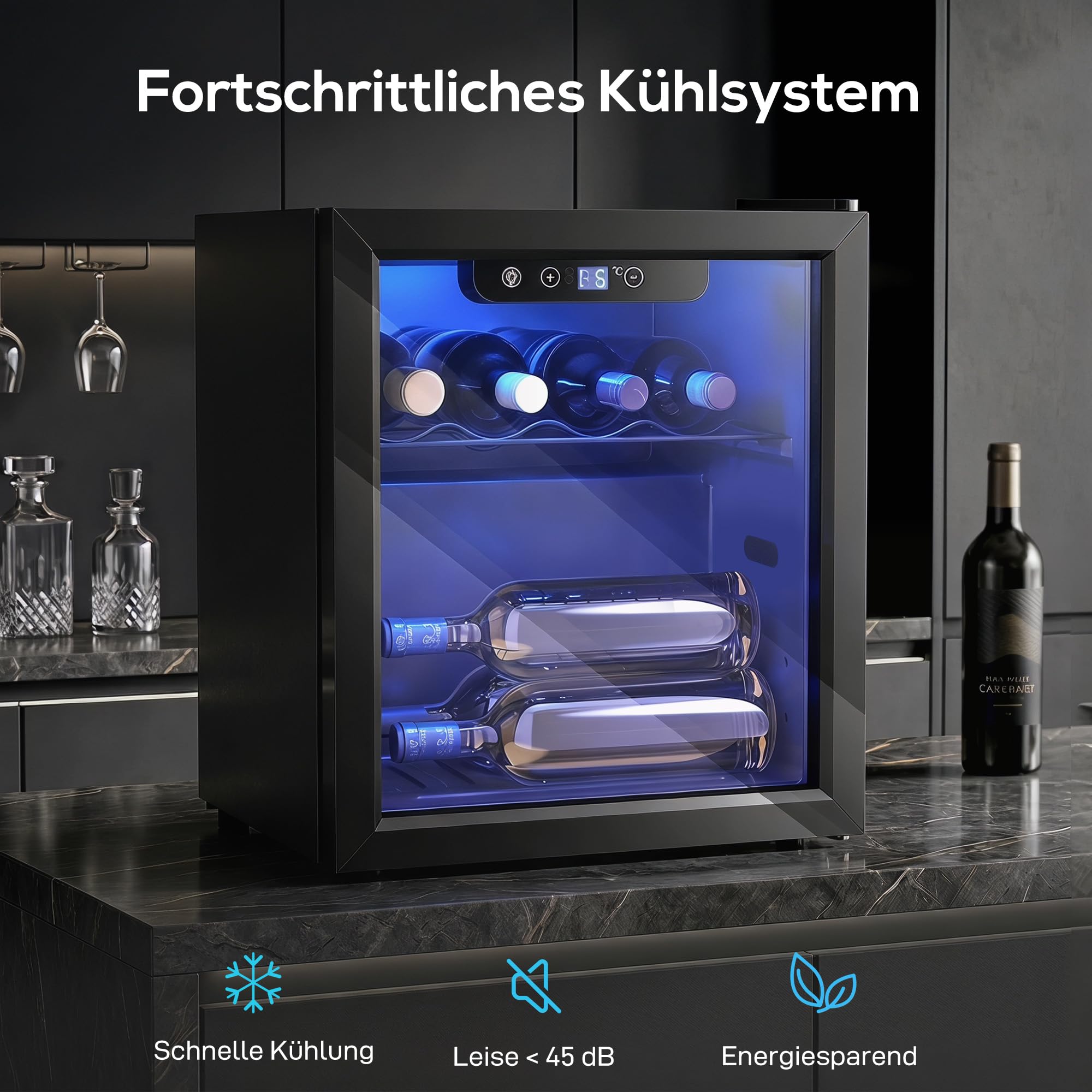 HOMCOM Weinkühlschrank 12 Flaschen 36 Liter Doppelglastür LED-Beleuchtung 4-16°C Schwarz