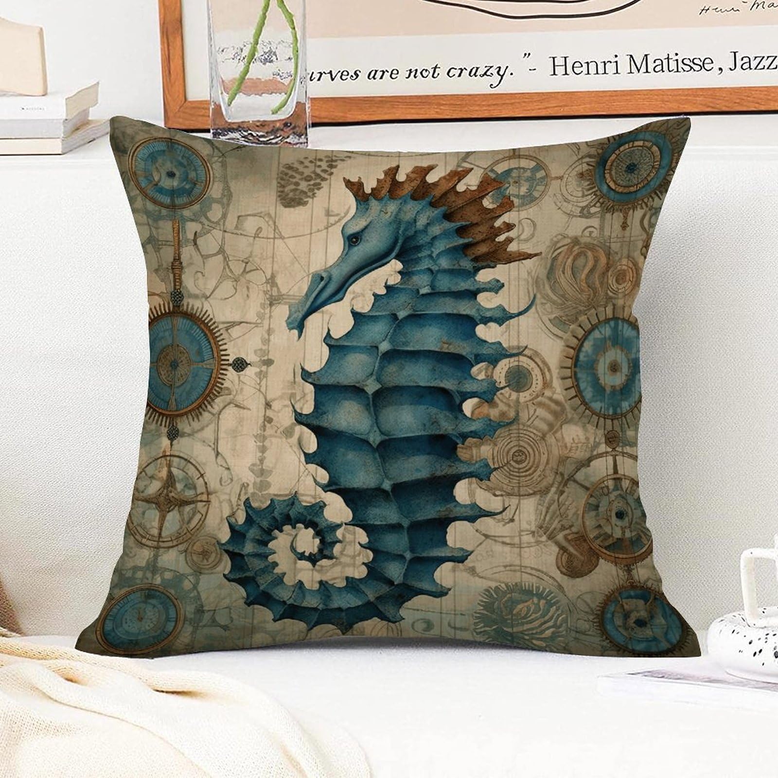 Federa Per Cuscino SARO LIFESTYLE Tidal Treasures Con Cavalluccio Marino - 50 Cm, Cotone, Chiusura Cerniera