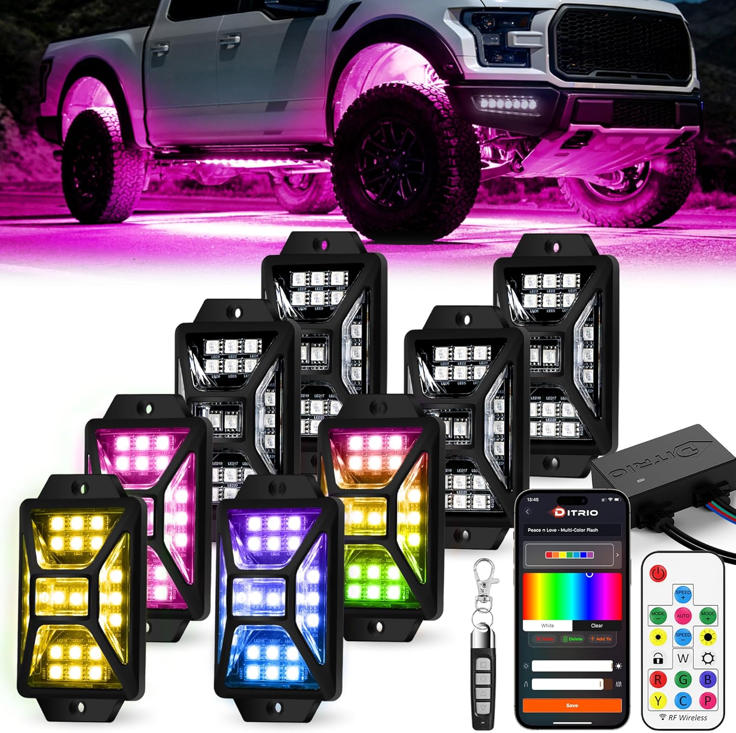 8 Pods Five Sided RGB Rock Lights for Trucks UTV SUV ATV Golf Cart, Multi Chasing Color App/2 Remote Control Led Rock Lights with Music Mode, Waterproof Exterior Underglow Kits for Cars