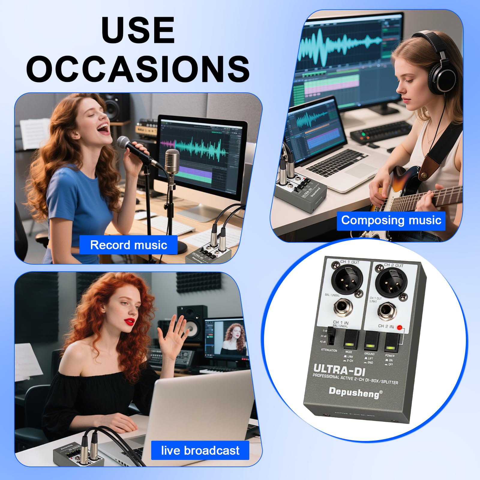 Depusheng Ultra-DI Di2 Professional Active DI-Box/Splitter a 2 canali con attenuatore di ingresso per collegare chitarra e basso, connettore bilanciato e sbilanciato, alimentazione 48V supportata
