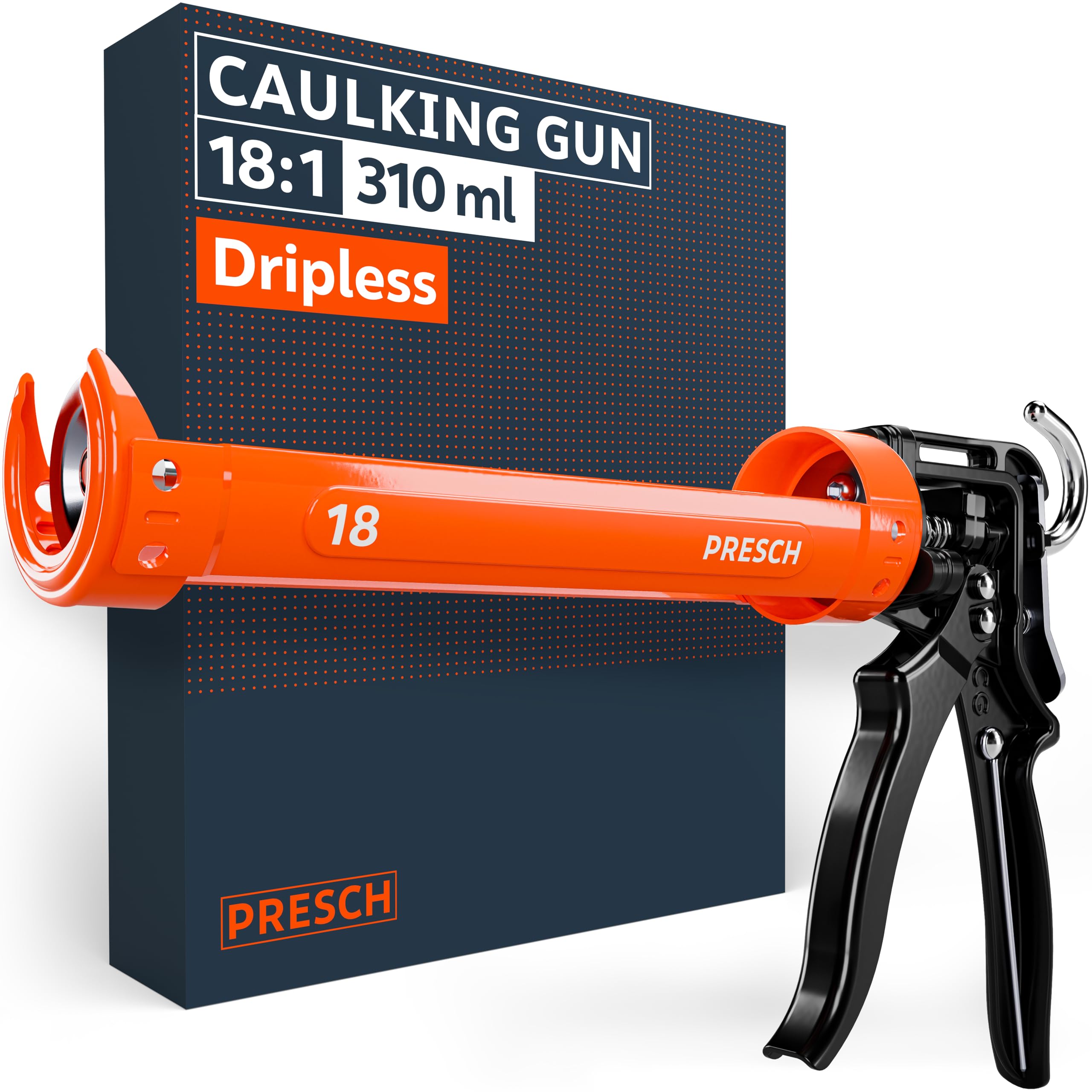 Presch Orange Silicone Gun 18:1 Thrust Ratio With Drip-Stop – Caulking Gun For Up To 310Ml Cartridges (Medium Viscosity, Construction Adhesives) – 360° Rotating Barrel With Integrated Puncture Pin