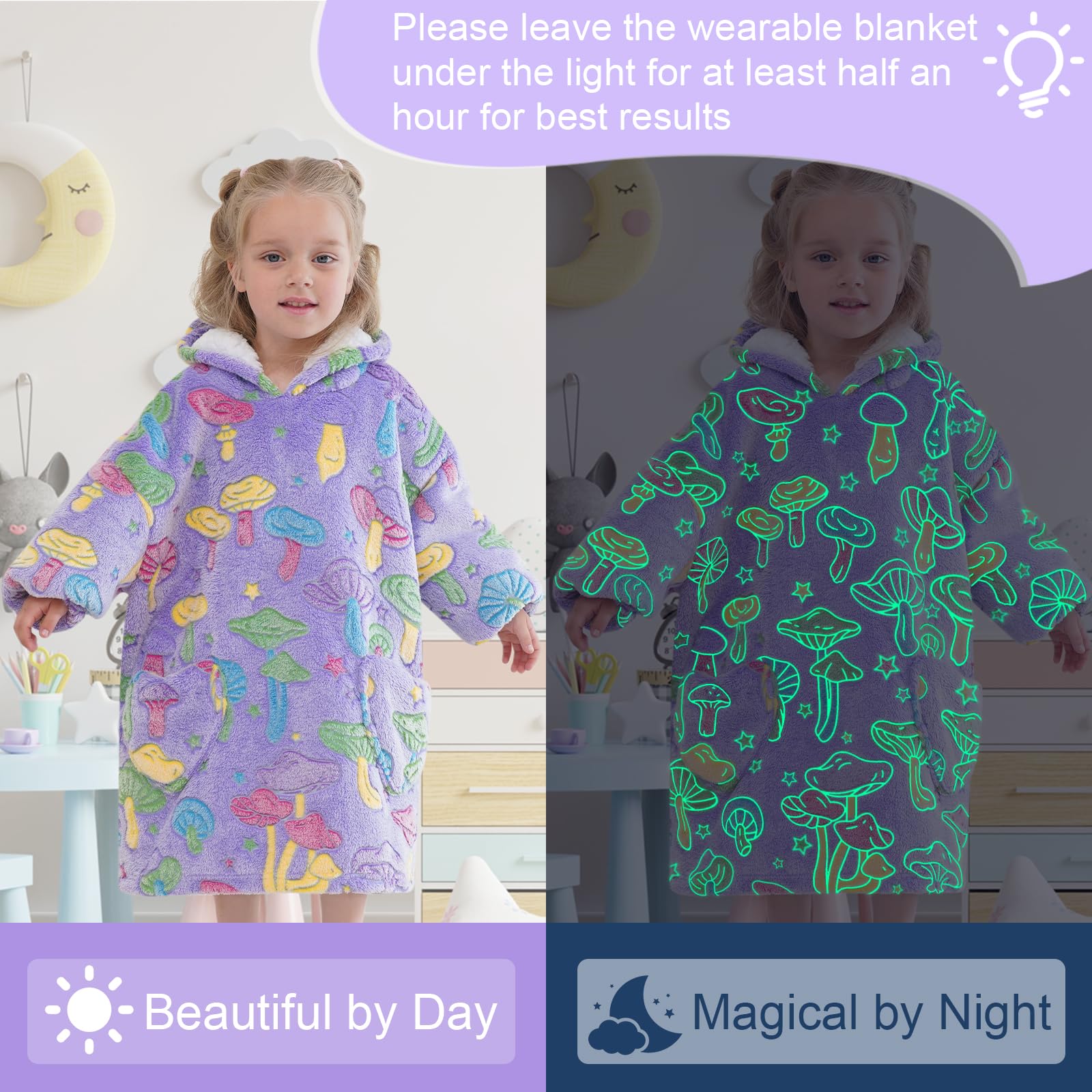 Fiosnow Glow in the Dark Mushroom Blanket Hoodies for Kids Toddler 2-6YR Oversize Wearable Blanket Hoodies for Boys Girls