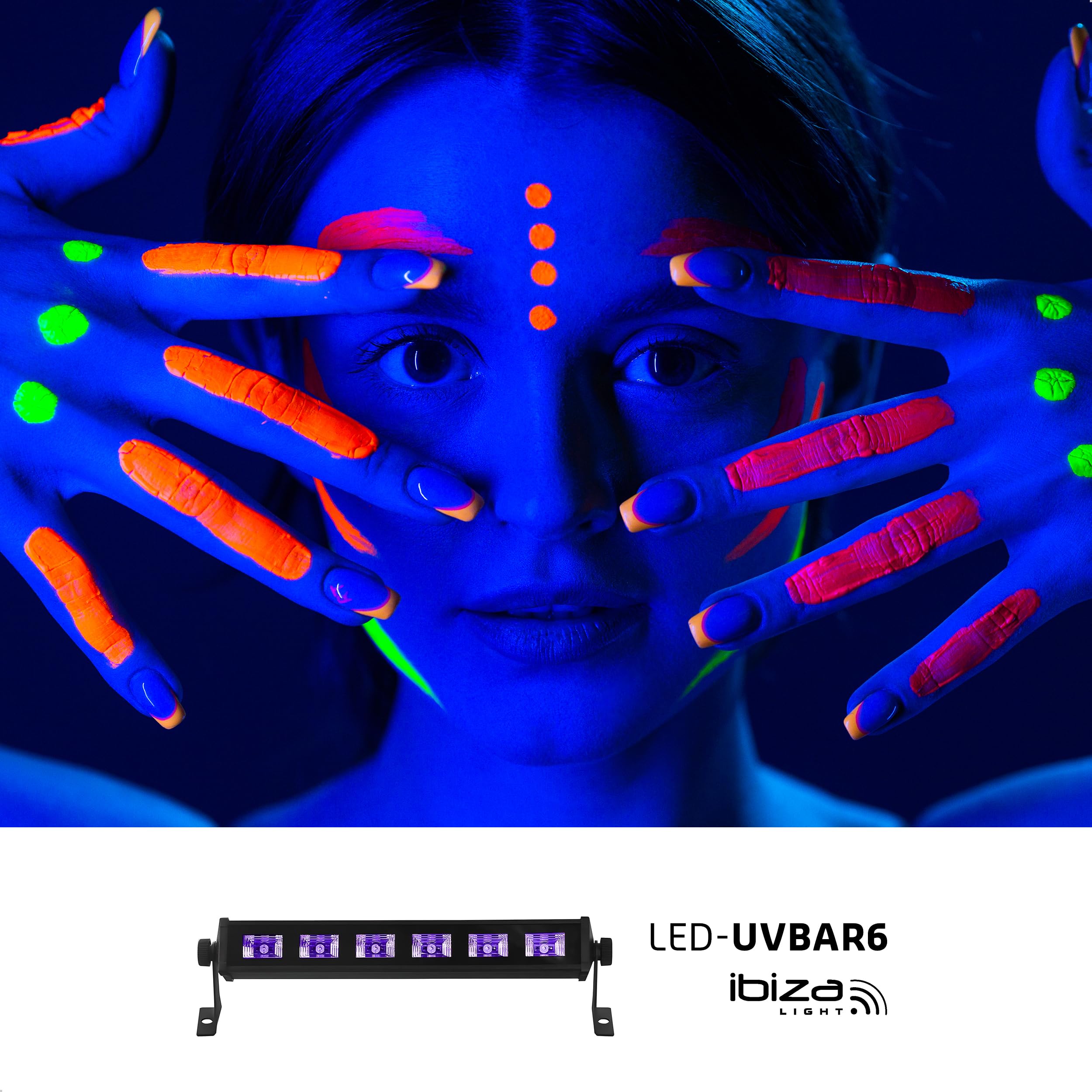 Ibiza - LED-UV-BAR6 - Lámpara UV, efecto fluorescente, efecto luz negra con 6 LEDs de 3W cada uno - Negro - Sobre soporte