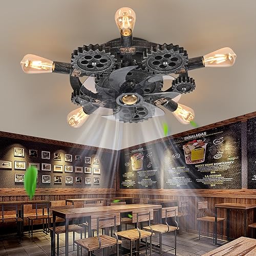 Miniatura 10 de Ventiladores de techo steampunk industriales retro de 20 pulgadas con luces y control remoto, ventilador de techo de perfil bajo sin aspas con luz,