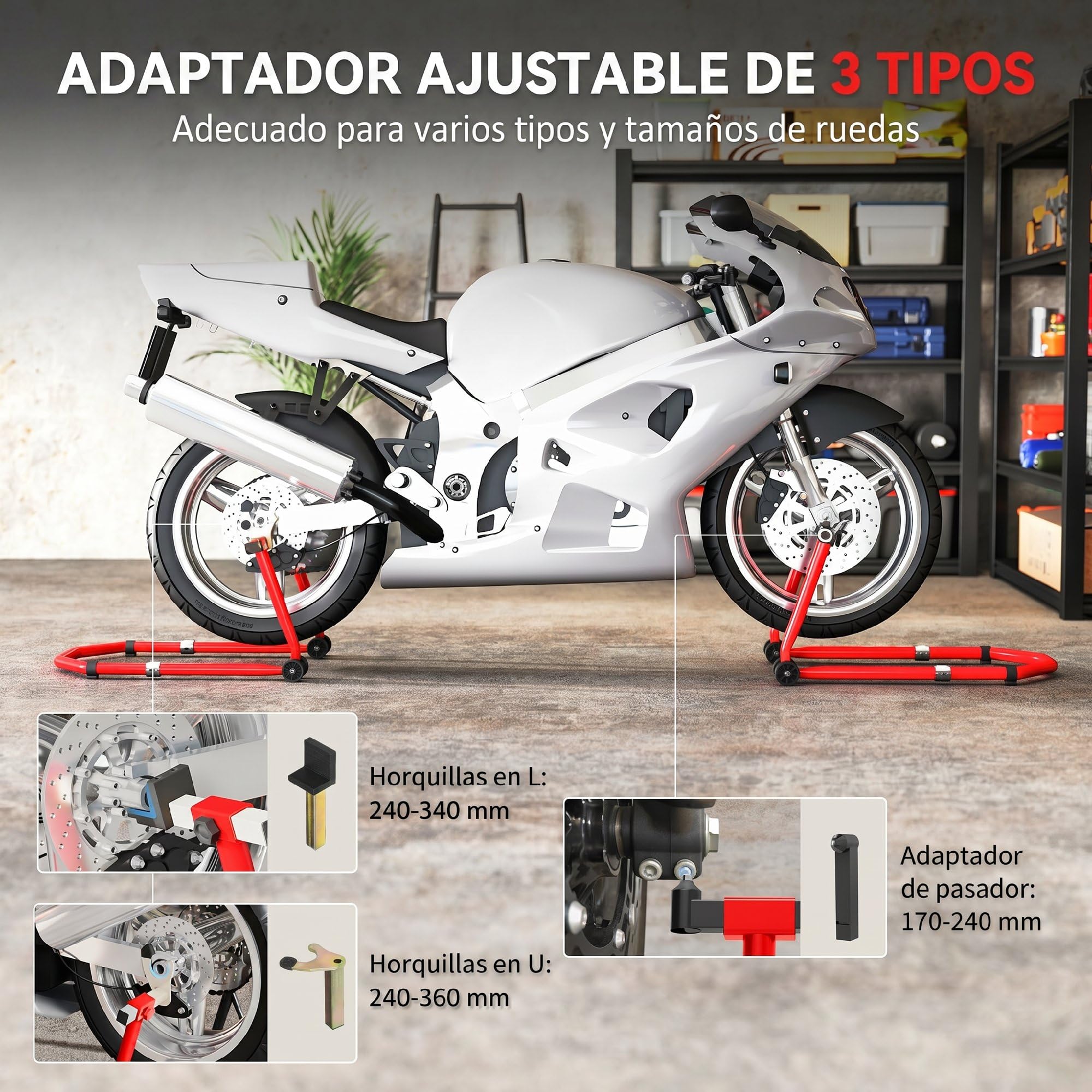 HOMCOM Caballete Moto Elevador Universal Carga 390 kg Soporte Rueda Delantera y Trasera Motocicleta Convertible con Adaptadores de Horquillas en U y L Ajustables y Ruedas para Reparación Mantenimiento