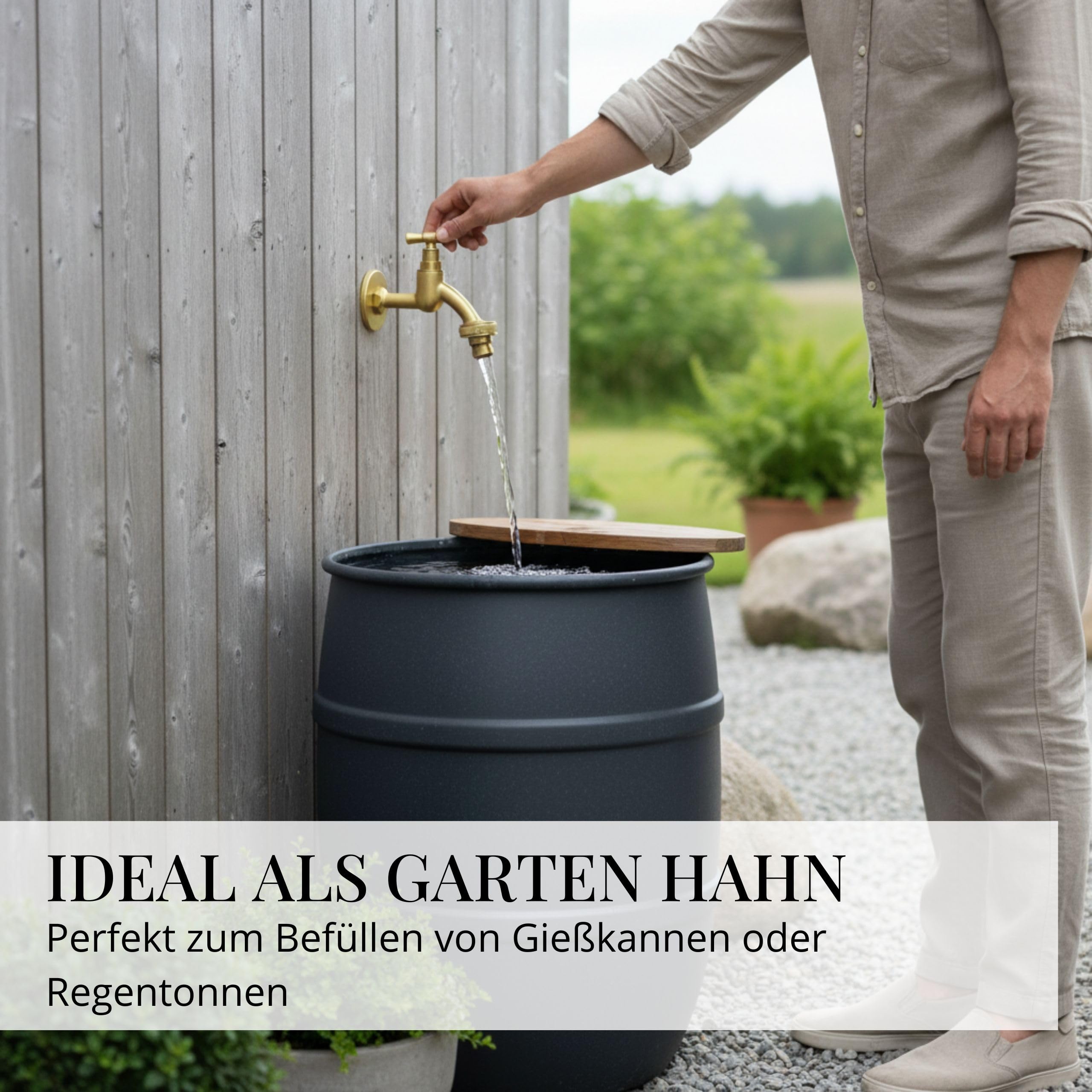 LIVLIG Premium Wasserhahn Garten, Außenwasserhahn frostsicher mit Rosettengarnitur & Schlauchanschluss, Kaltwasserhahn aus Messing, Design Wasserhahn Gold mit matter Pulverbeschichtung