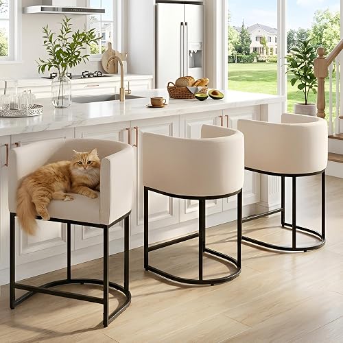 HNY Modern Counter Height Bar Stools Set of 3, 24" Linen Counter Stools with 8.5" Extra Tall Barrel Back, Black Tubular Frame, Deep Comfortable Seat Island Stools for Kitchen Counter, Home Bars, Cream