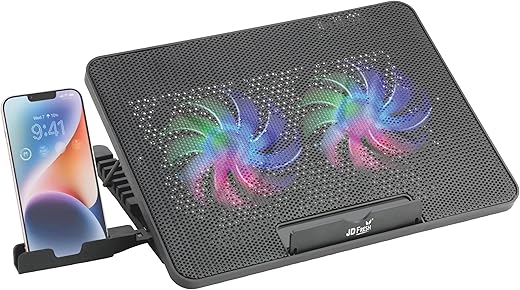 JD FRESH Dual Laptop Cooling Pad with Mobile Stand/7 Height Adjustable Slot/2 USB Ports/Turbo Fan/Striff Stand for Table/Laptop & Mobile Holder for…