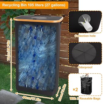 mumisuto Recycling Bin for Kitchen 27Gallon,105L Large Recycle Bin with Lid and 2 Removeable Reusable Inner Bags,Recycle Trash Can for Bottle Cans Glass Waste Plastice Stickers(Black)