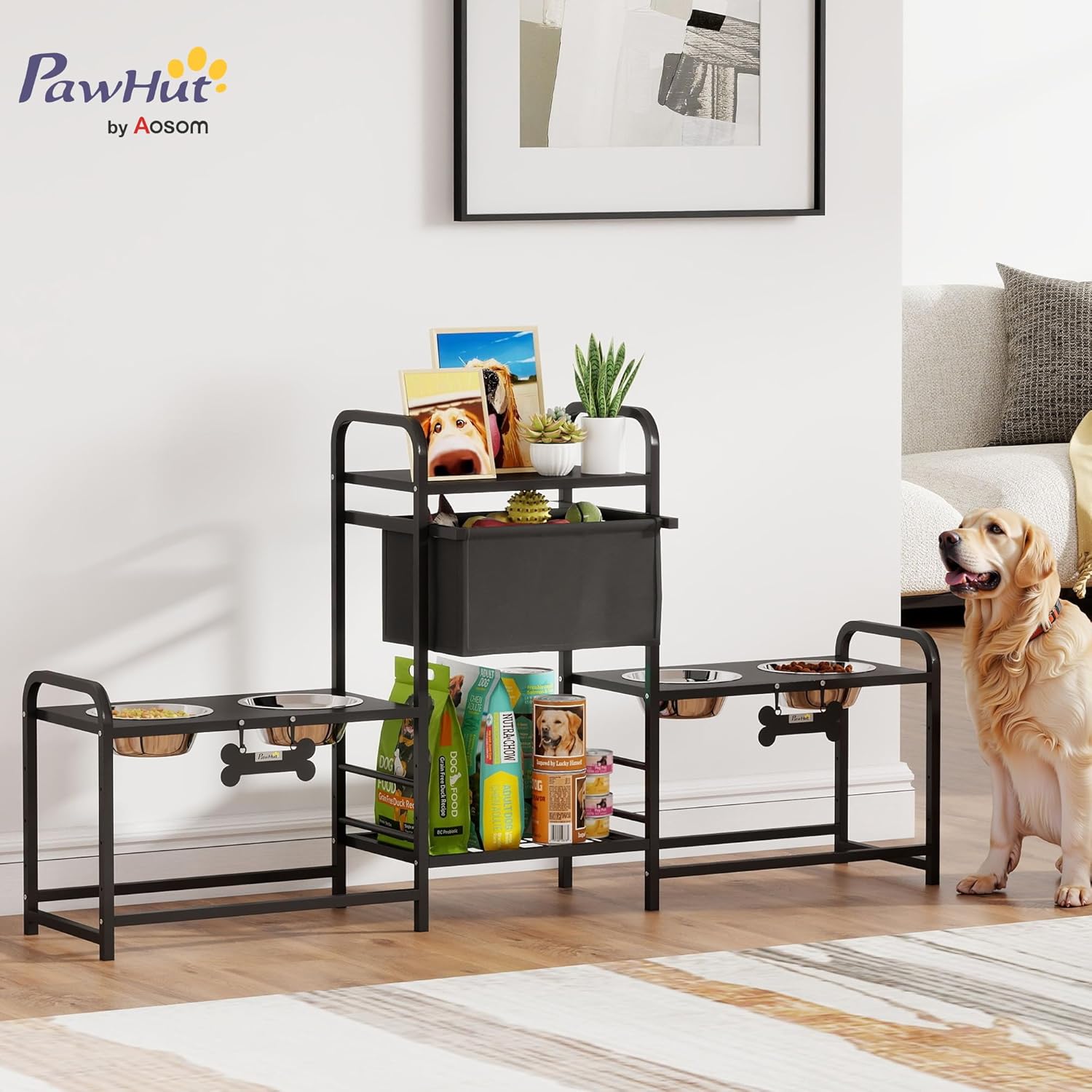 PawHut Dog Bowl Stand with 2 Feeding Stations, 3 Height Adjustable Elevated Dog Bowls with Toy Bin Basket, Lifted Food and Water Bowl, Pet Storage Organizer for Small, Medium, Large Dogs, Black