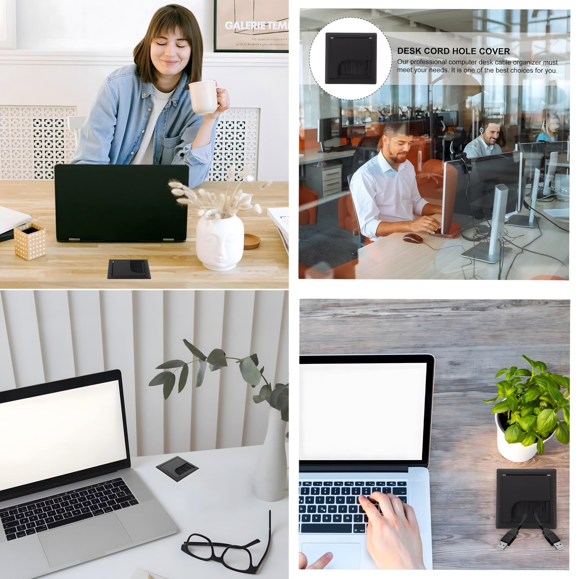 24x7 eMall 8 Cm Aluminum Office Desk Wire Cable Hole Cover with Dust Proof Brushes for Computers Work Rectangular Metal Organizer Stylish Desk Accessory Wire Manager Concealed. 80 mm x 80 mm Black 4