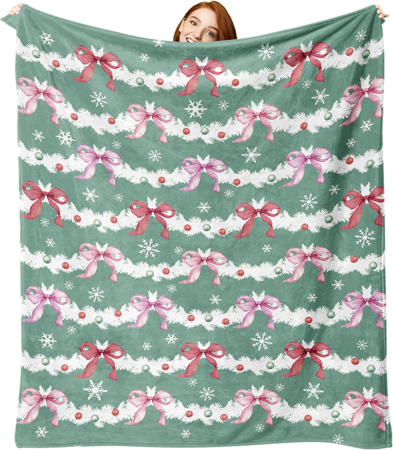 Zzkol Mint Green Christmas Pink Bow Flannel Throw Blanket, Xmas Coquette Ribbon Birthday Gifts for Kids Men Women, Winter Holiday Snowflake Soft Blankets for Bedding Sofa 50 x 60 Inches