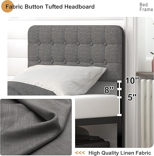 Miniatura 3 de EMODA Marco de cama de tamaño individual de 16 pulgadas con cabecera tapizada y estribo de metal, base de colchón de soporte de listones de metal
