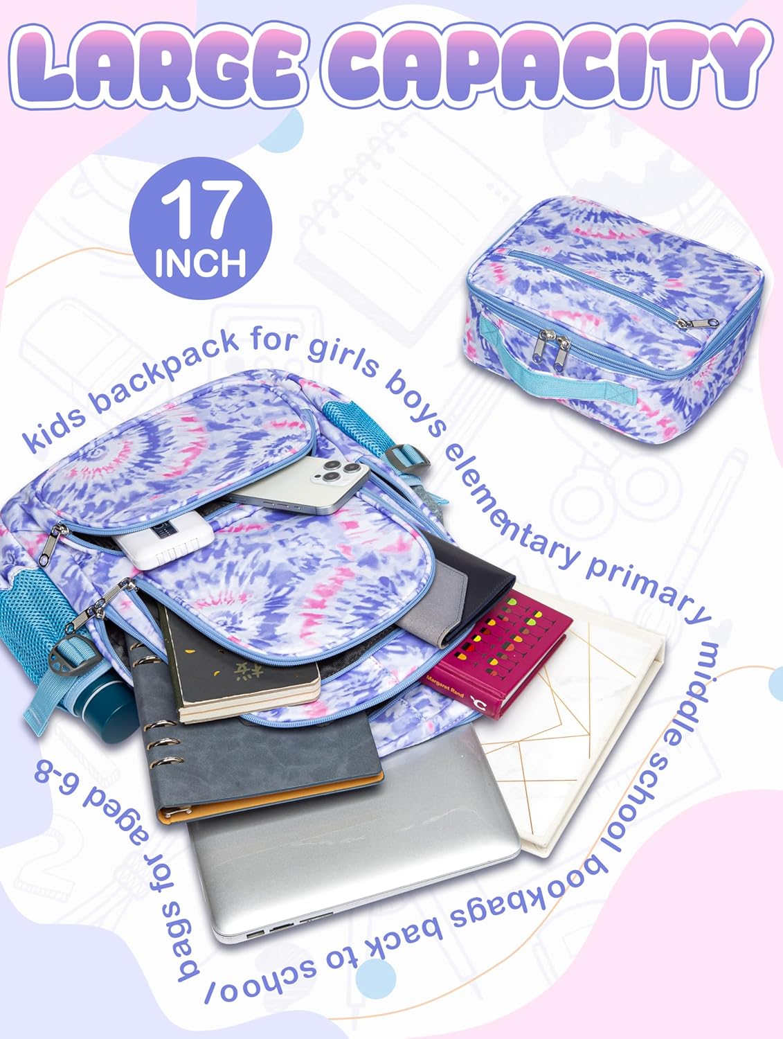 BLUEFAIRY Kids Backpack with Lunch Box for Girls Boys Elementary Primary Middle School Bag with Lunch Bag Set 17 Inch Bookbag Mochilas Escolares para Niñas Niños (Tie-dye, Light Violet) - Image 8