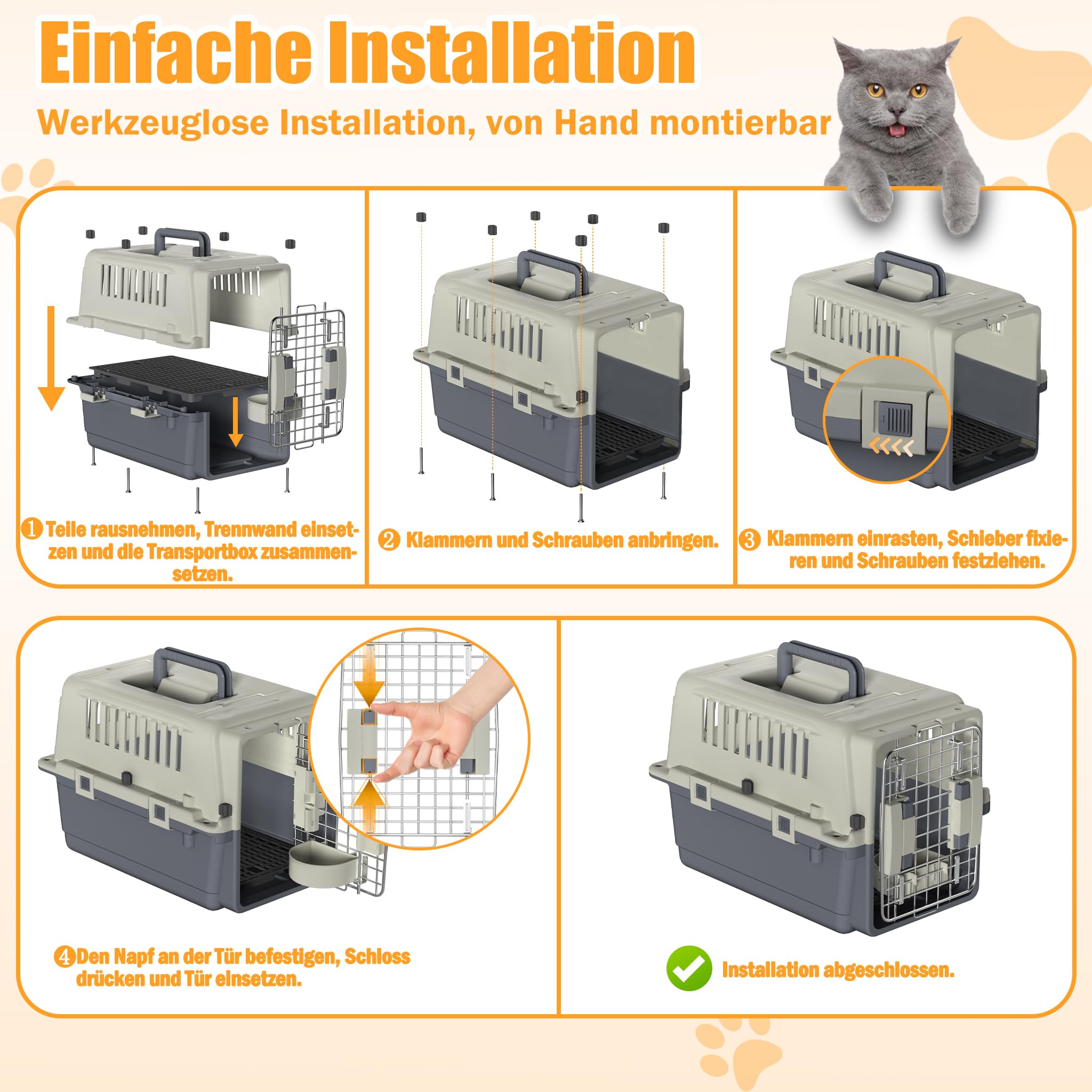 XMTECH Hundetransportbox Transportbox Flugzeugbox für Tiere, Reisebox für Hunde, mit Sicherheitsverriegelung & Lüftungsgitter, L 60 x B 40 x H 40 cm