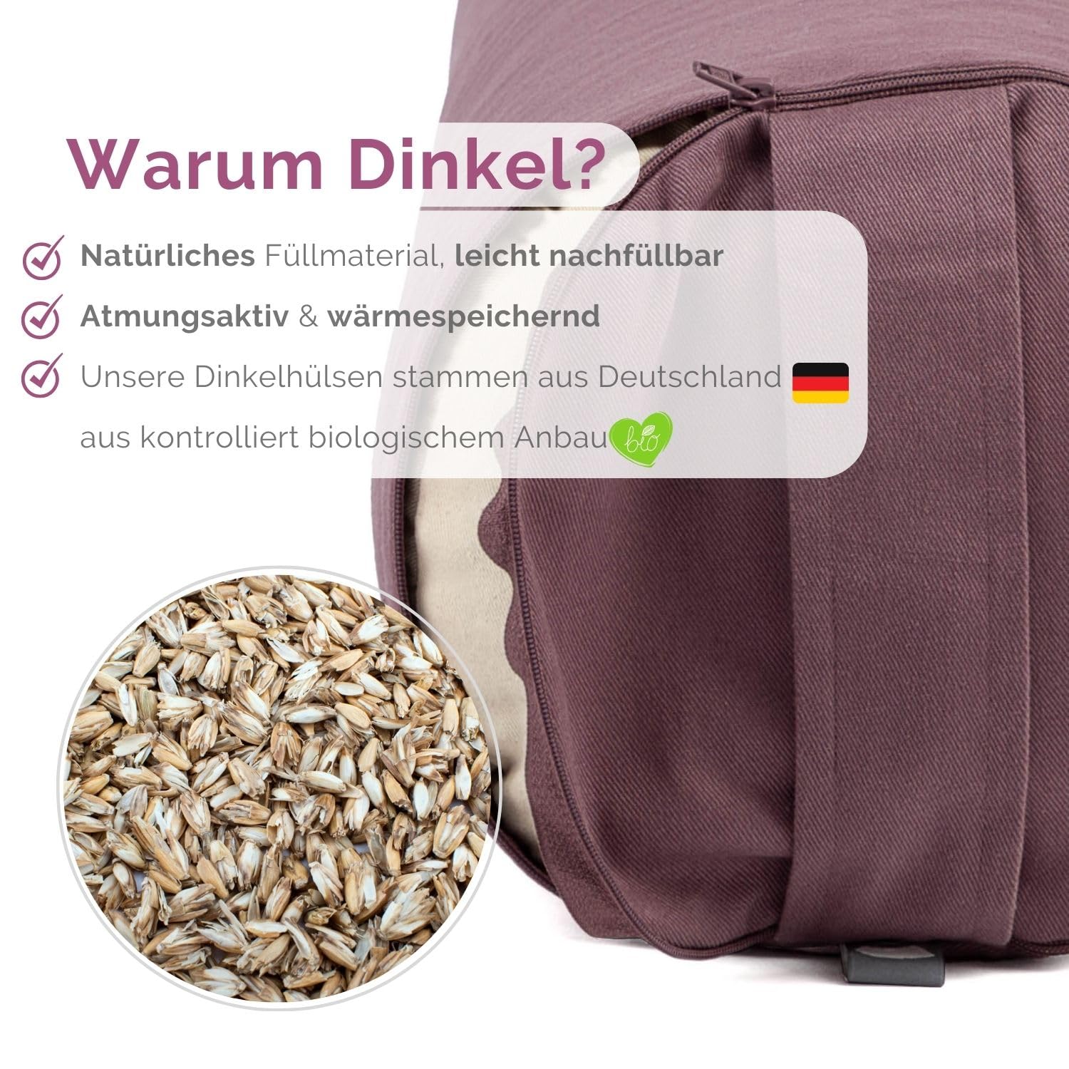 Bodhi | Yoga Bolster ECO | 100% Bio-Baumwolle | Yogarolle mit Bio Dinkelfüllung | Waschbar | Yogakissen rund für Restoratives Yoga Übungen | Groß 65 x 20 cm