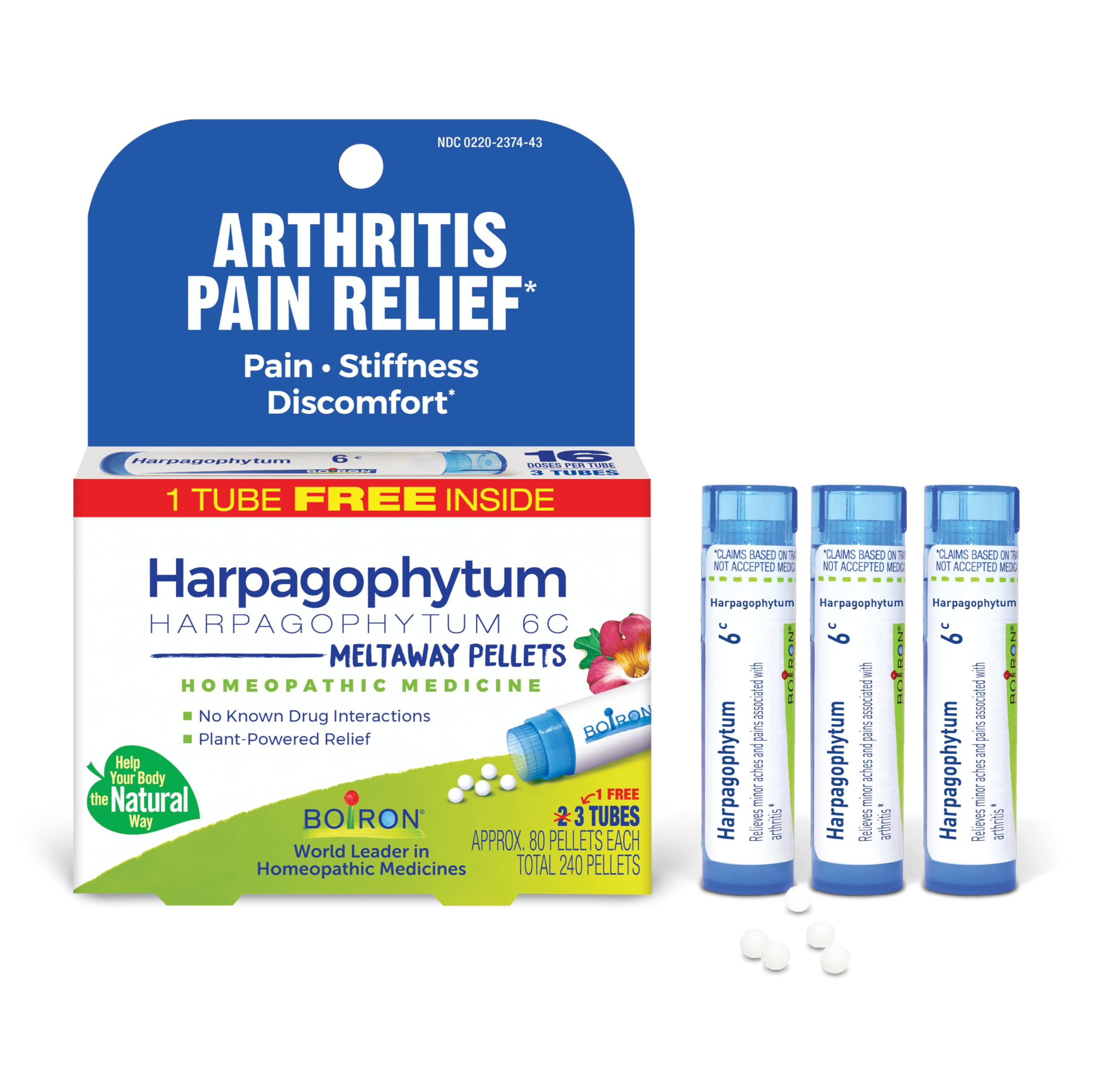 Boiron Harpagophytum 6C Homeopathic Medicine for Arthritis Pain Relief, Pain, Stiffness, Discomfort - 3 Count (240 Pellets)