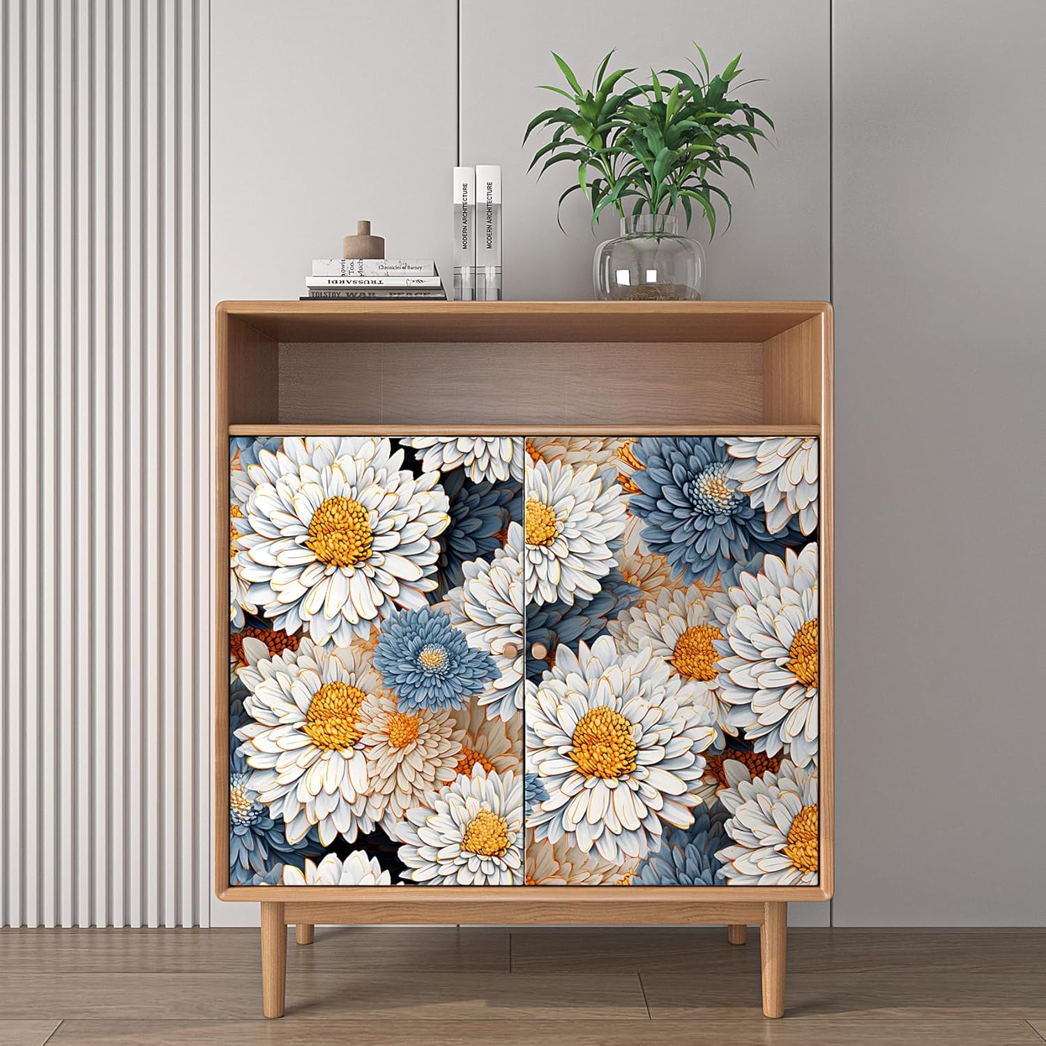 ReWallpaper Large Floral Wallpaper Peel and Stick Vintage Blue and White Daisy Flower Wallpaper for Girls Room Self Adhesive Oil Painting Floral Wall Art for Bathroom Waterproof Vinyl Roll 17.5inx10ft