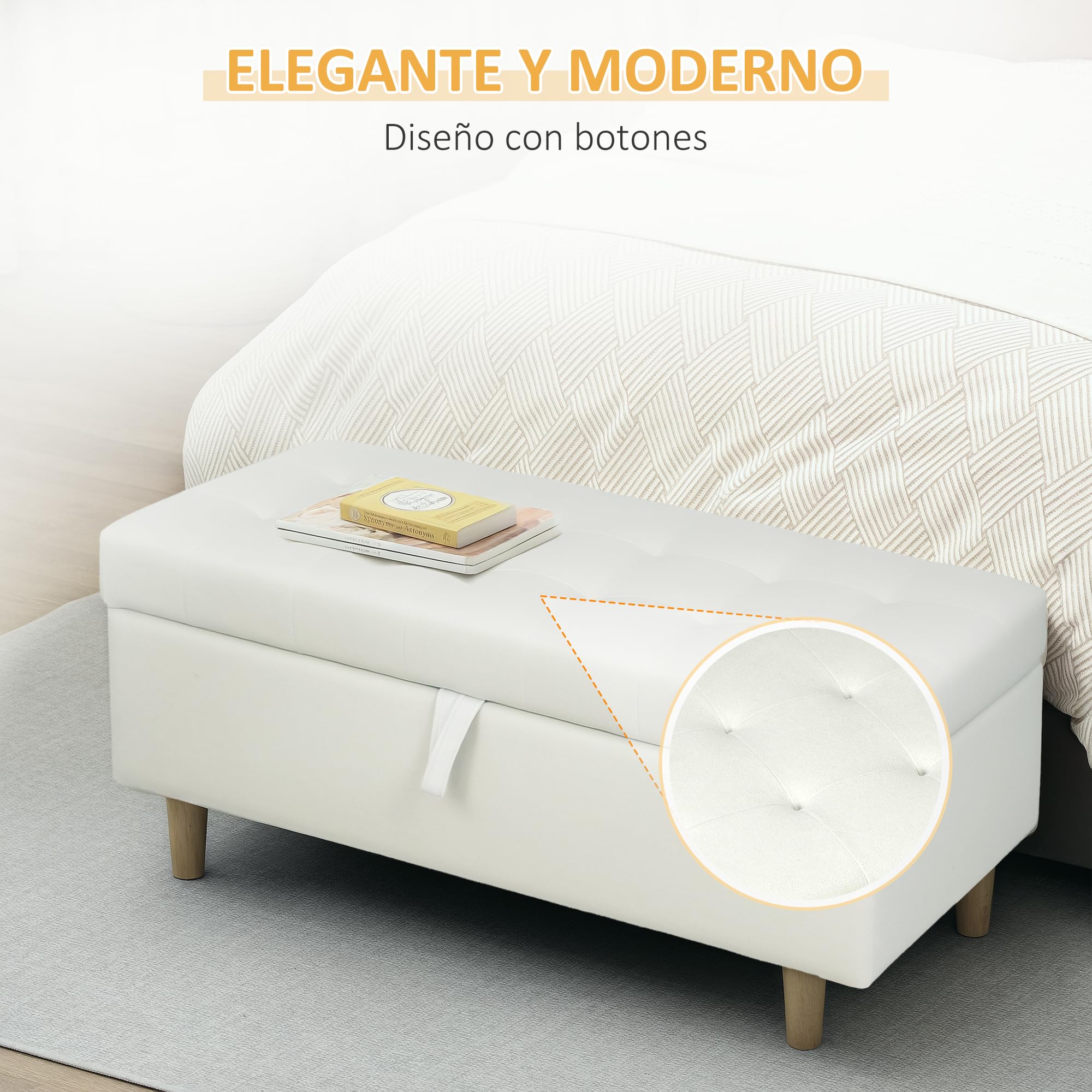 HOMCOM Puff Almacenaje Baúl Tapizado de Terciopelo 100x50x43 cm con Patas de Madera Capacidad 71L Soporta 240 kg Banco Almacenaje para Dormitorio Pasillo Salón Blanco Crema