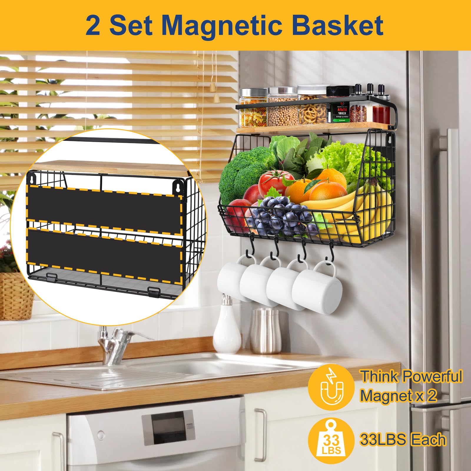 Confezione da 2 cestini magnetici per verdure, frutta, frutta, per cucina, appendiabiti con gancio per banane, impilabili, per verdure, frigorifero, senza fori, nero
