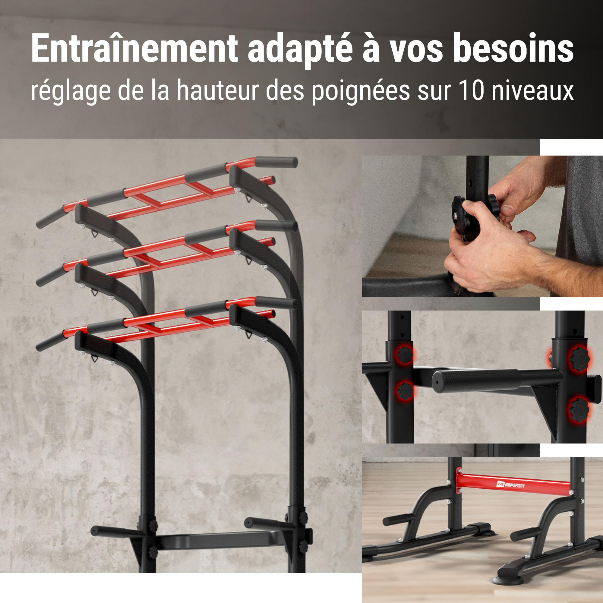HOP-SPORT® Power Tower HS-2012K avec Station de dips, Tour de Musculation Multifonction Complet avec Barre de Traction réglable, Chaise Romaine avec Charge Max. 150 kg