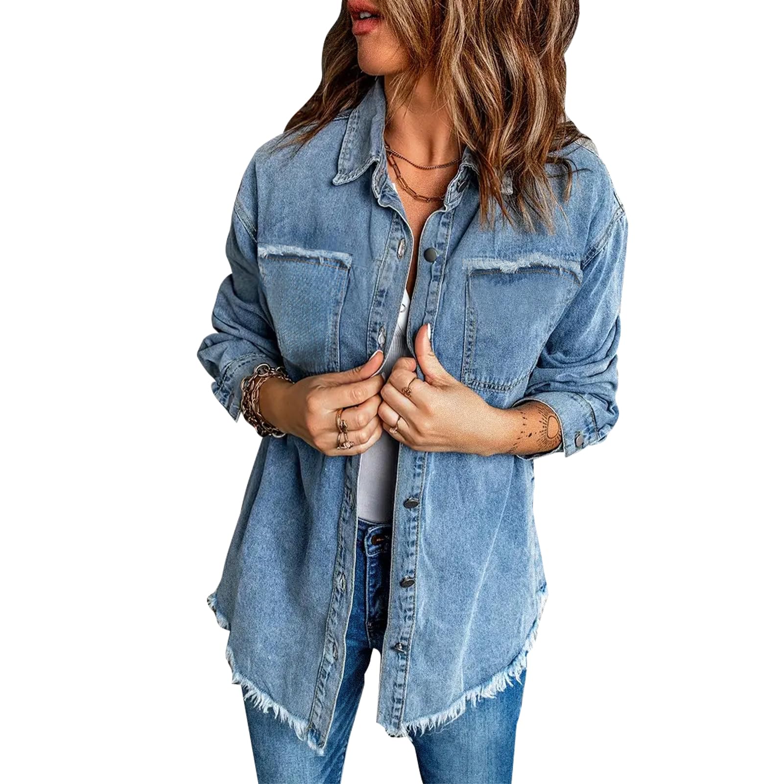 KederaWomen's Oversized Denim Jacket Casual Long Boyfriend Distresse Jean Shacket Jacket with Pockets