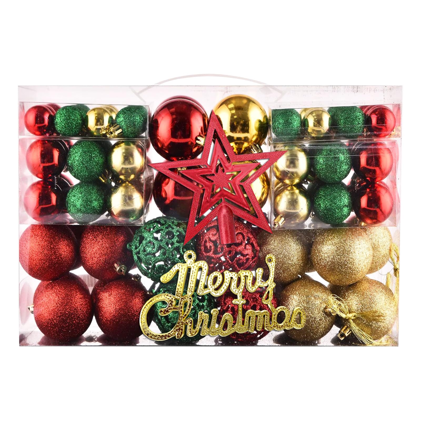 102-Piece Christmas Baubles Set – Red, Gold & Green Tree Ornaments with Treetop Star & Merry Christmas Sign – Shatterproof Hanging Ball Decorations for Xmas Trees, Home, Parties & Holiday Décor