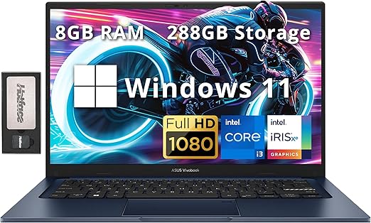 ASUS Vivobook 14" FHD antireflet — Intel i3‑1215U, 8 Go, 128 Go SSD + 160 Go dock (288 Go), Iris Xe, Wi‑Fi 6E, Bluetooth, Win 11, bleu