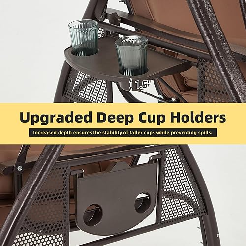 Miniatura 5 de HOMREST Columpio para porche al aire libre para 3 personas con portavasos mejorado de 1.5 pulgadas, toldo ajustable, respaldo, cama columpio de