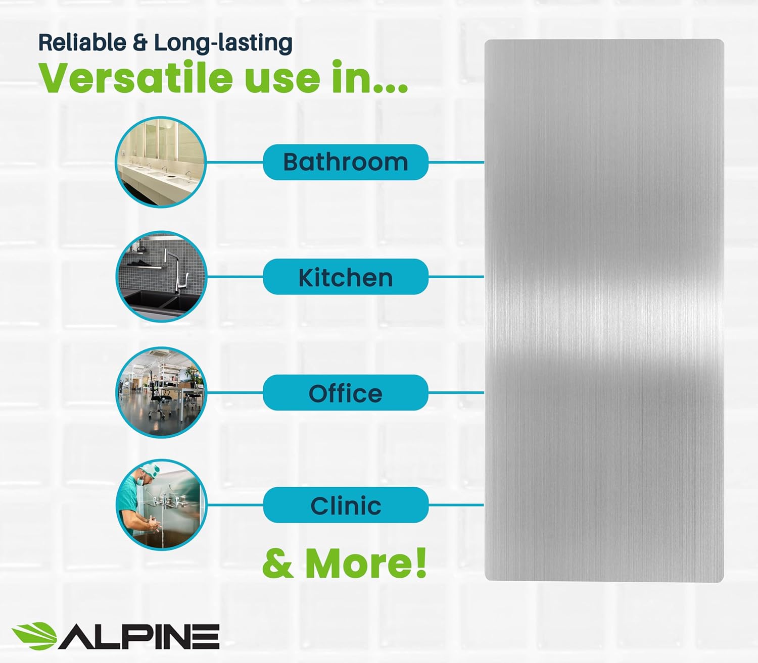 Alpine Stainless Steel Backsplash – Wall Protector for Kitchen, Bathroom & Office with 3M Adhesive, Easy to Clean, Heat & Water Resistant, 31.8” x 15.8” 2 Pack