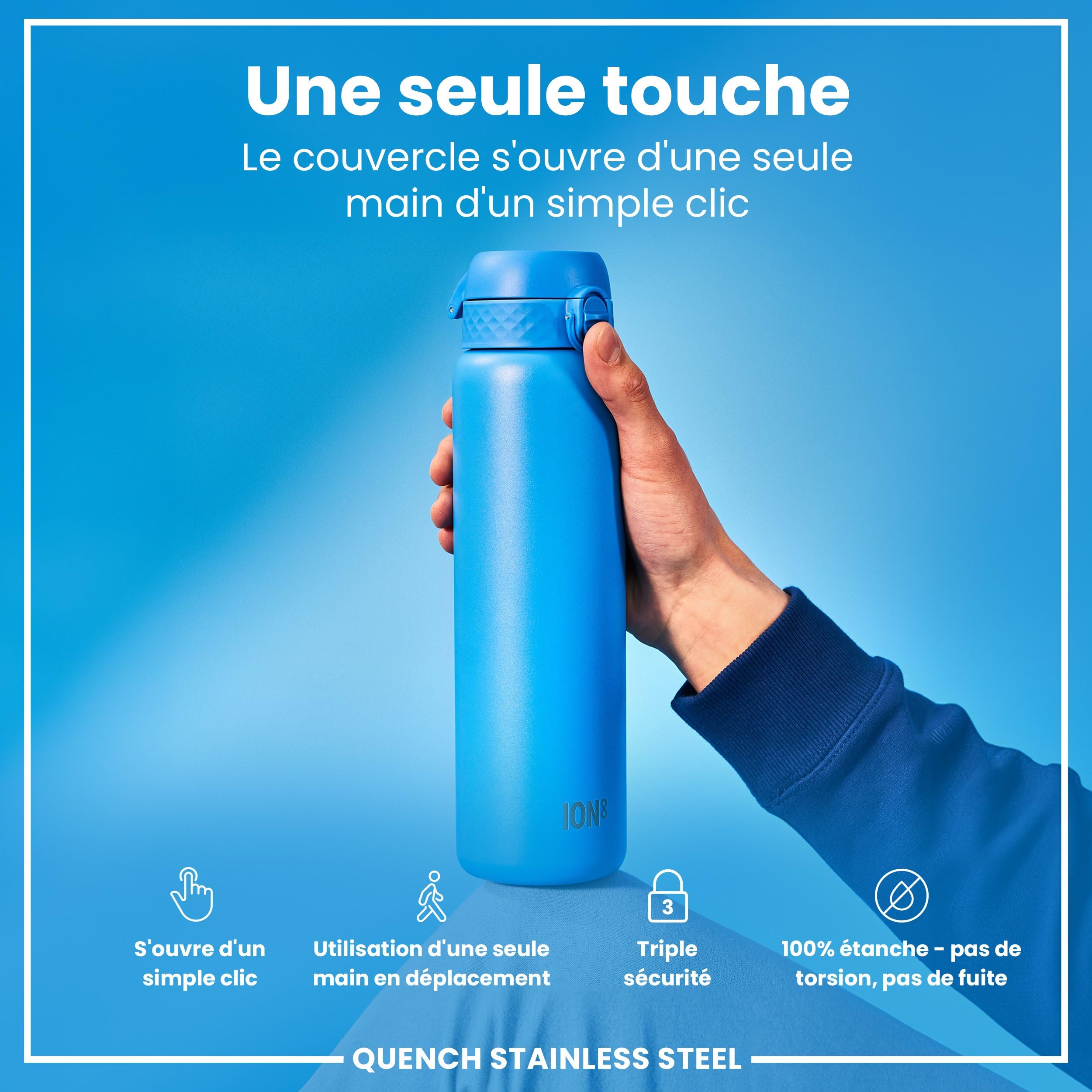 Ion8 Gourde Inox Léger 1 Litre, Non Isolé, Anti-Fuite, Facile à Ouvrir, Verrouillage Sécurisé, Lavable au Lave-Vaisselle, Poignée de Transport, Acier Inoxydable, 1200ml, Sirènes
