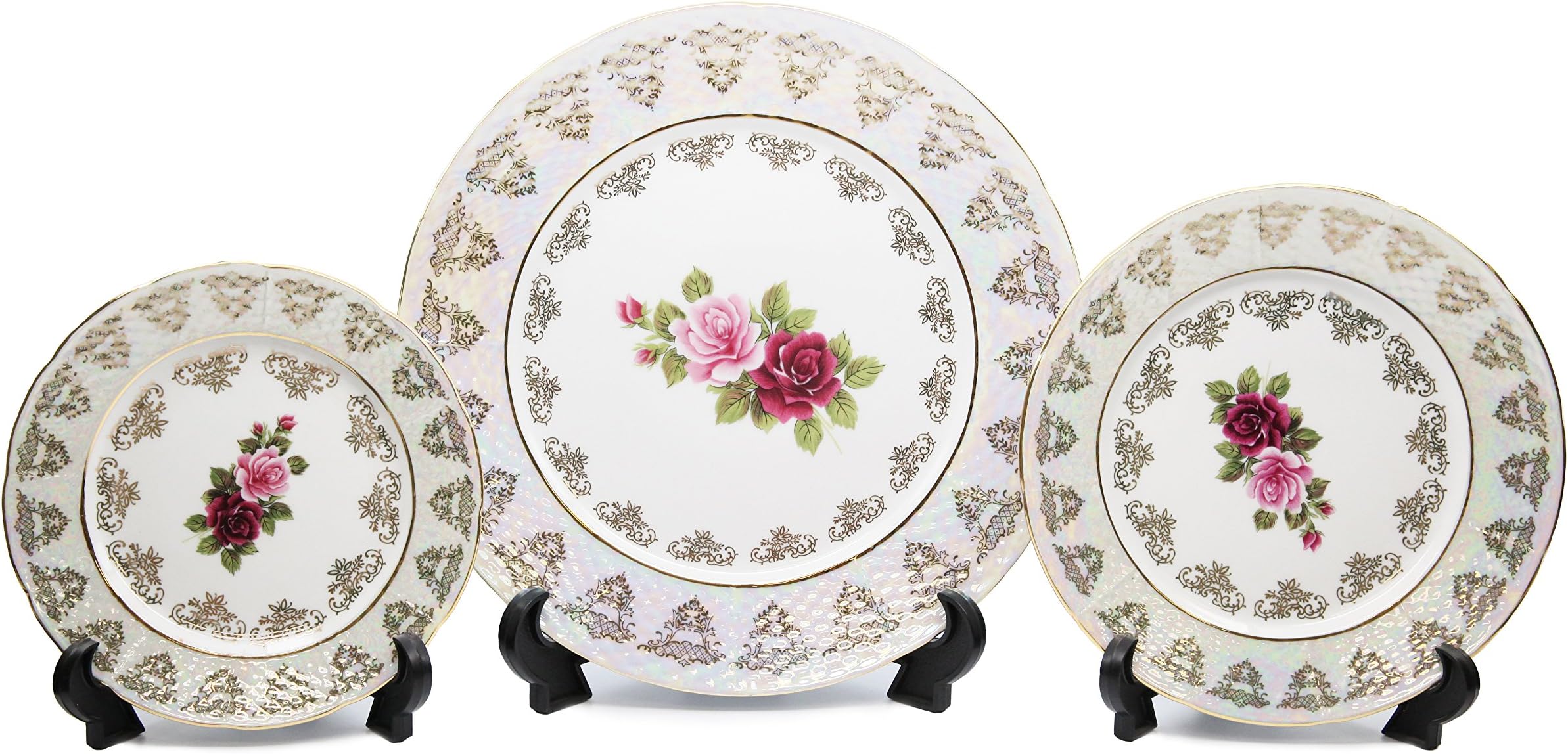 Royalty Porcelain 3-pc Dinner Set Place Setting for 1 person, Vintage Cobalt Pattern, 24K Gold Bone China Tableware (Vintage Floral Rose)