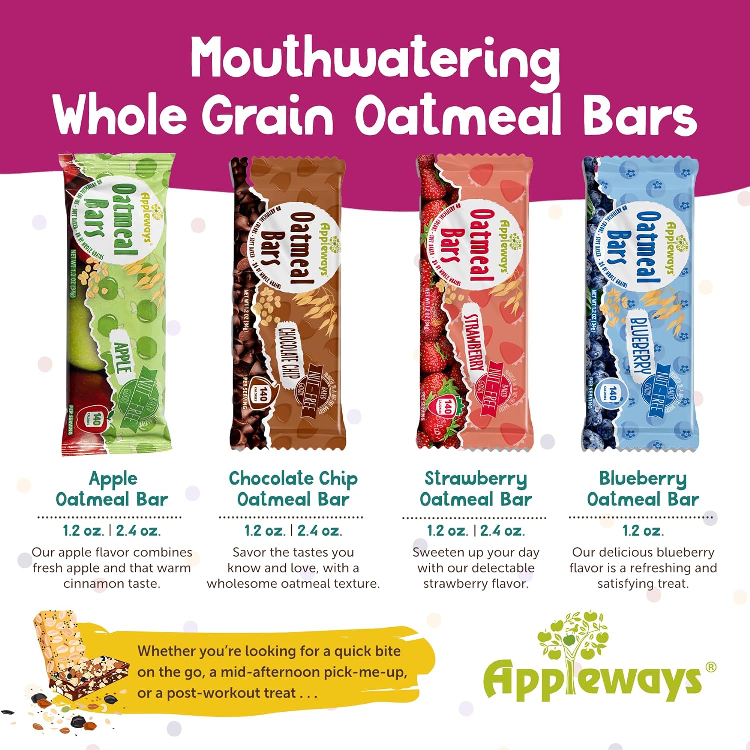 Appleways Strawberry Oatmeal Bars, 1.2 oz, 216 Count - Individually Wrapped, Whole Grain Soft Baked Oat Snack Bars, Healthy and Nut-Free Breakfast Bar Snacks for On the Go, Made in USA (16.2 lbs Total)