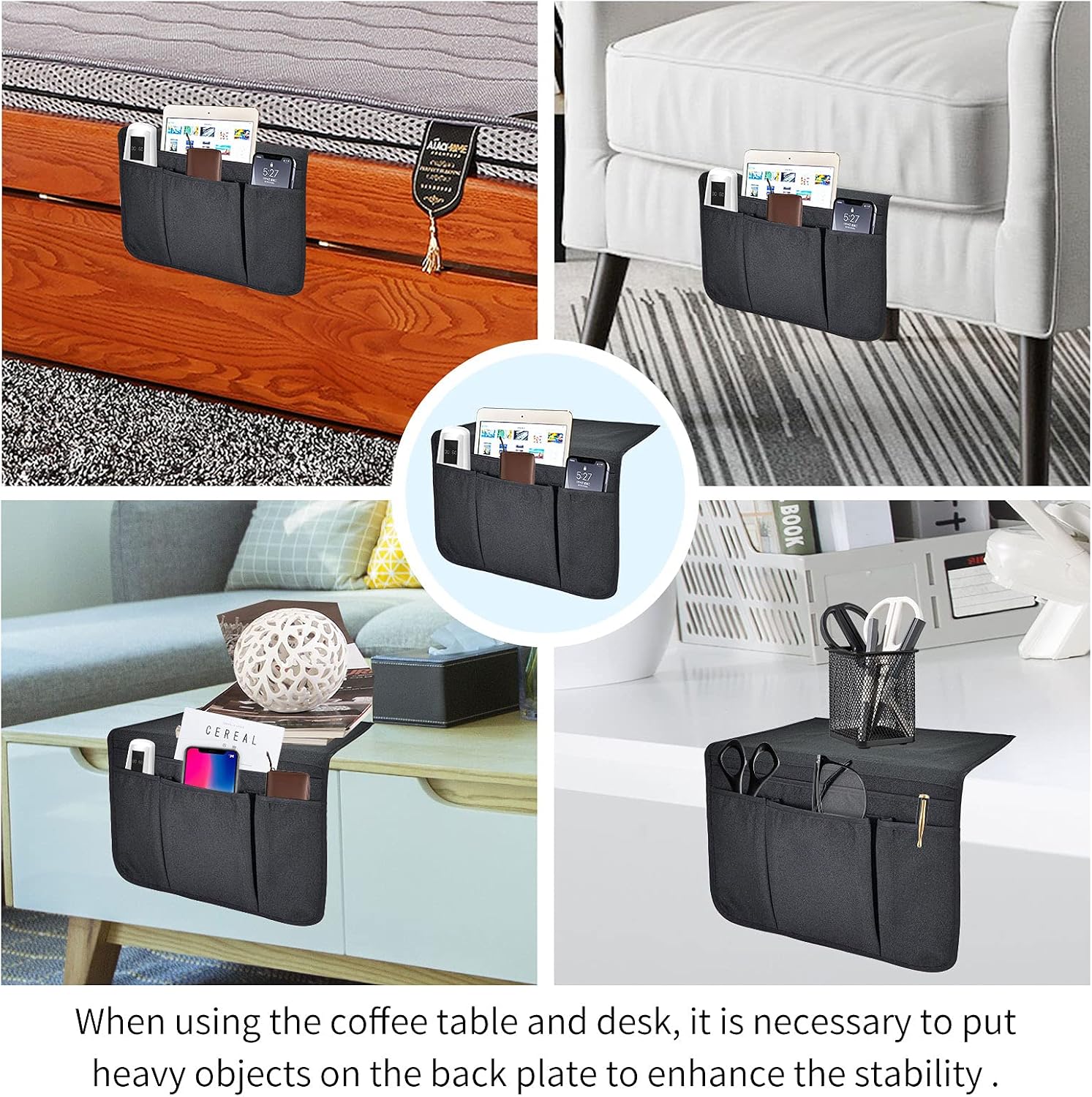 Bedside Caddy Bedside Storage Organizer Magazine Phone Tablet iPad Remote Holder, Organizer Caddy for Home College Dorm Bed, Sofa, Bunk Bed (Black)