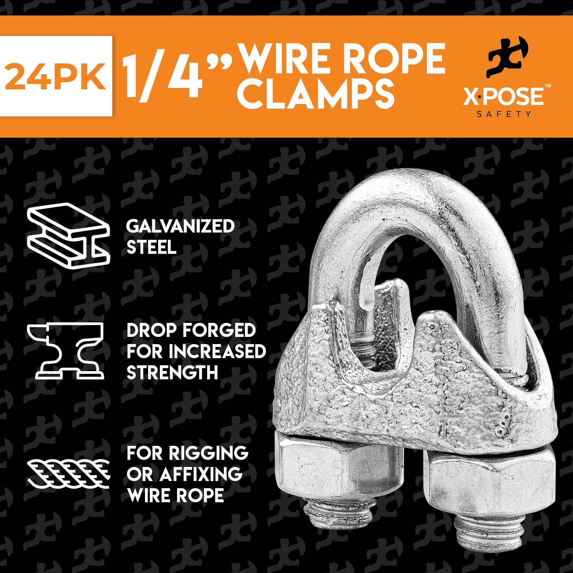 Xpose Safety - Morsetto per fune metallica in acciaio inox, 1/4", zincato, con bullone a U, per tiranti, recinzioni metalliche, antenne, stendibiancheria, ferramenta, gabbia di battuta, confezione da