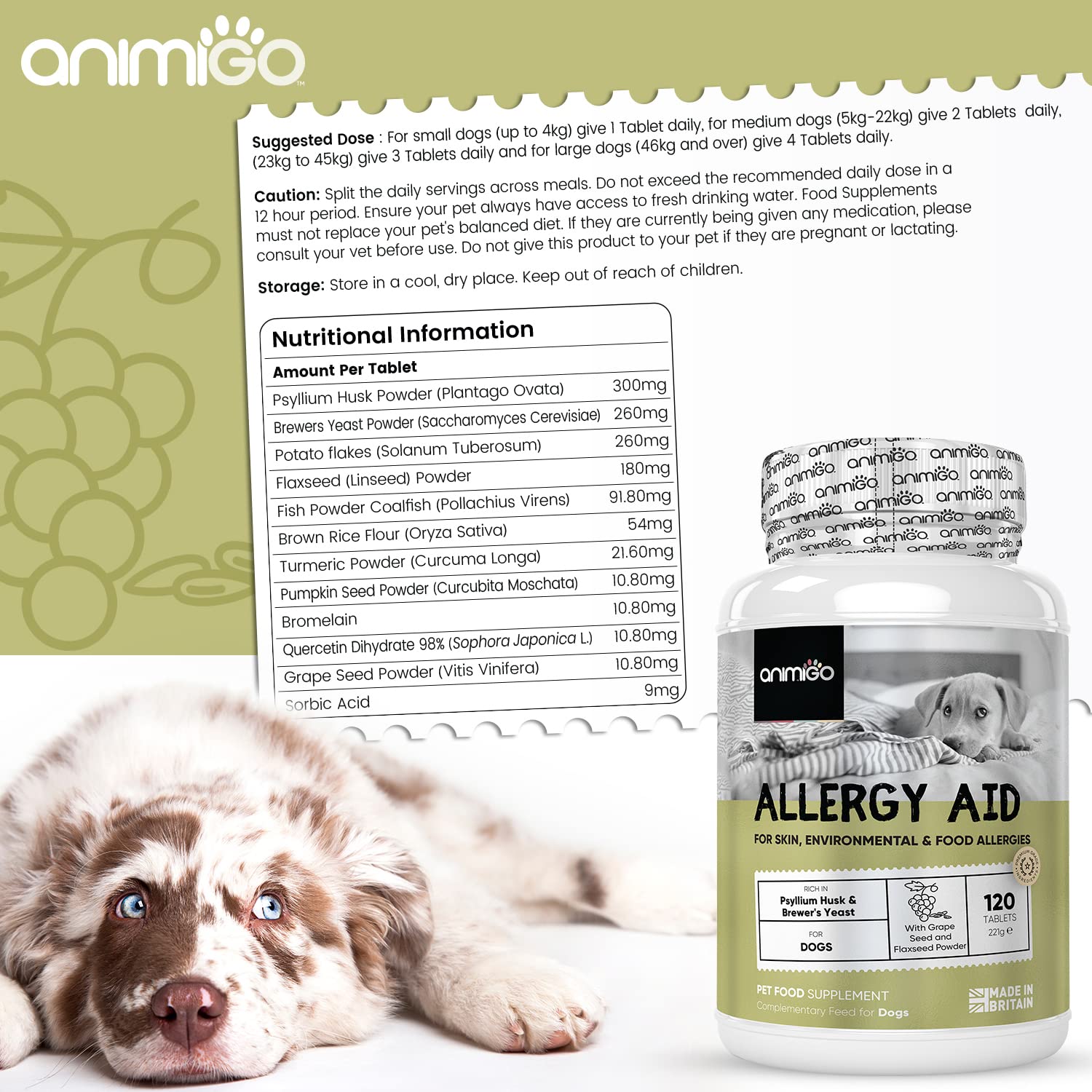 Animigo Allergy Aid For Dogs 120 Dog Itchy Skin Tablets Helps